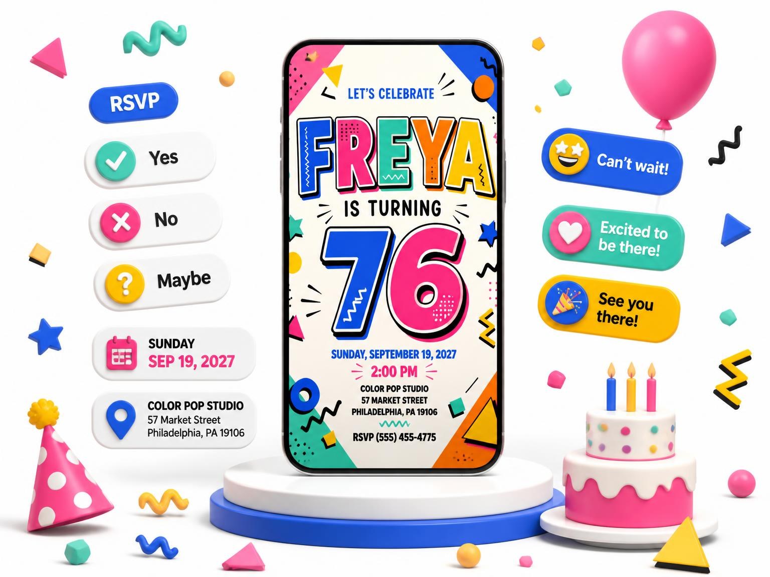 The Memphis Pop 76th Birthday Invitation invitation on a phone, with guest RSVPs arriving around it