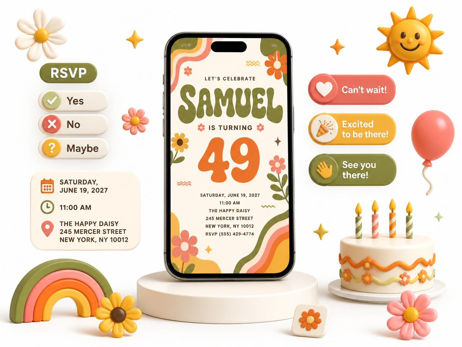 The Groovy Retro 49th Birthday Invitation invitation on a phone, with guest RSVPs arriving around it