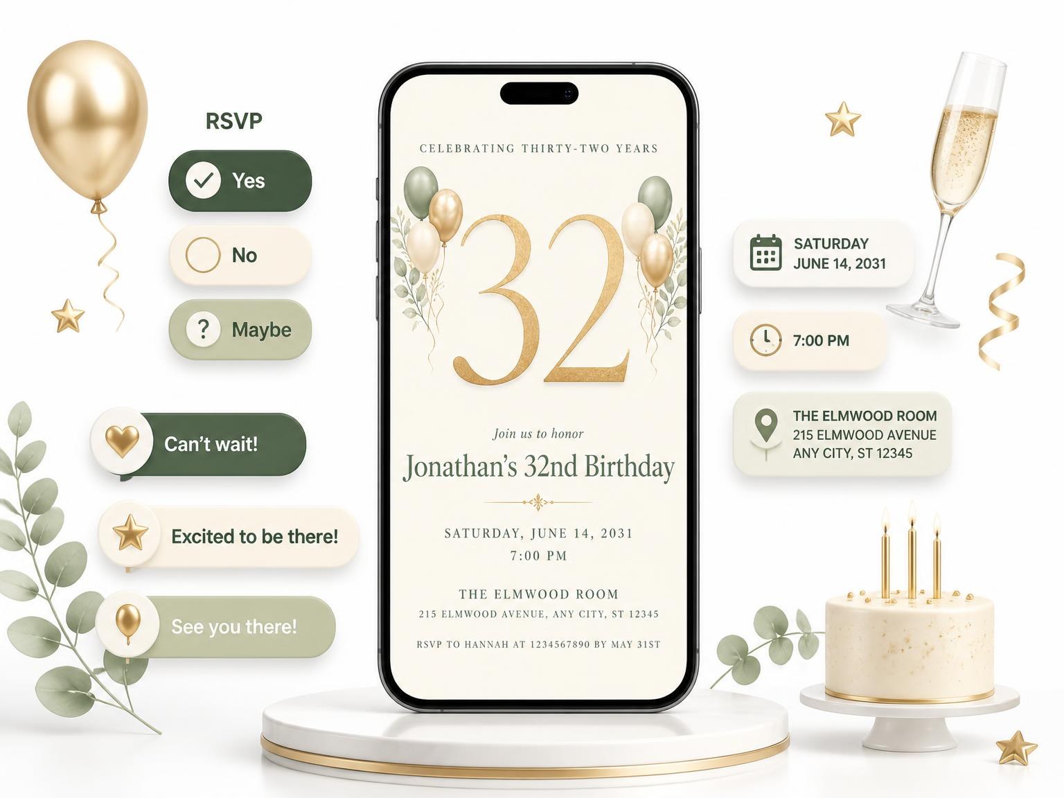 The Sage and Ivory 32nd Birthday Invitation invitation on a phone, with guest RSVPs arriving around it
