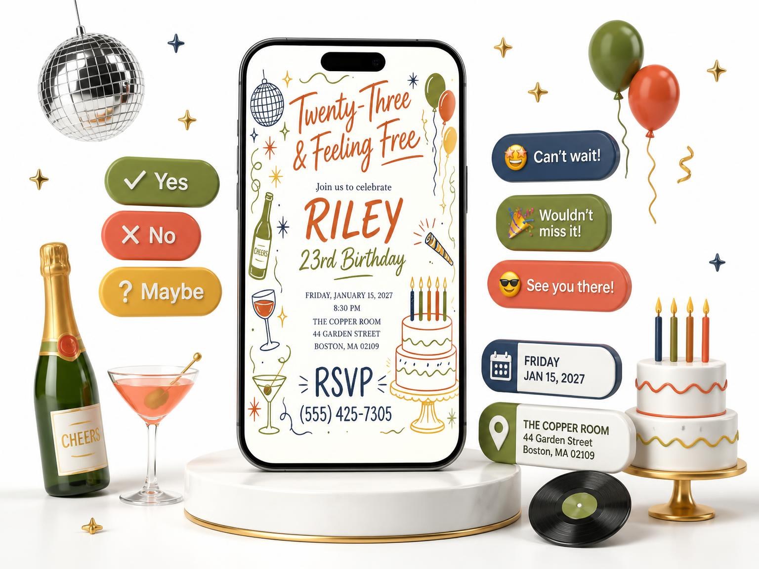 The Retro Doodle 23rd Birthday Invitation invitation on a phone, with guest RSVPs arriving around it