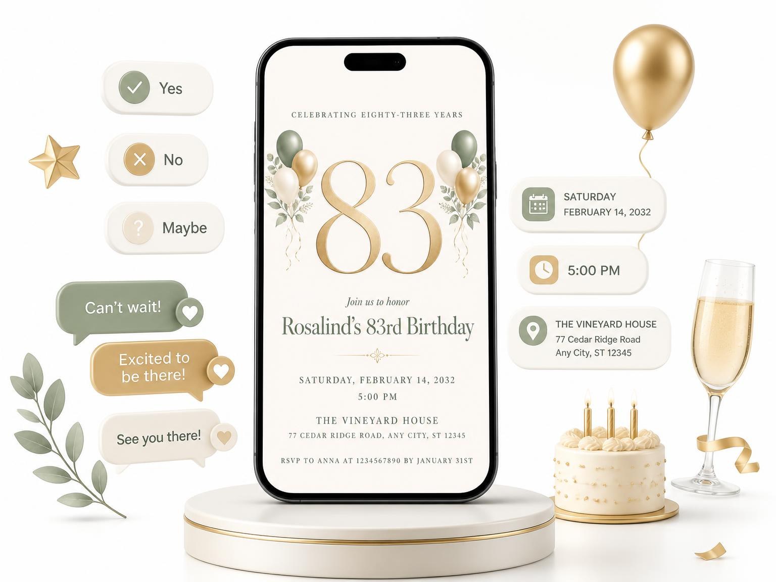 The Sage and Ivory 83rd Birthday Invitation invitation on a phone, with guest RSVPs arriving around it