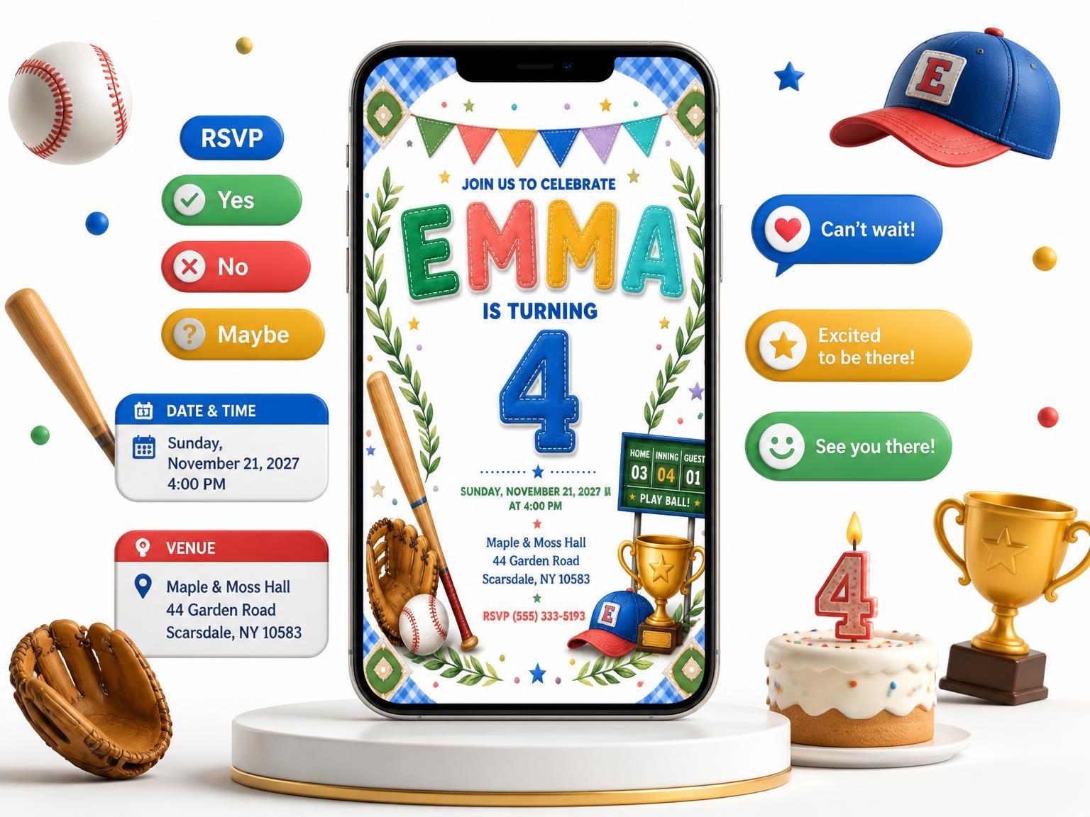 The Stitched Baseball 4th Birthday Invitation invitation on a phone, with guest RSVPs arriving around it