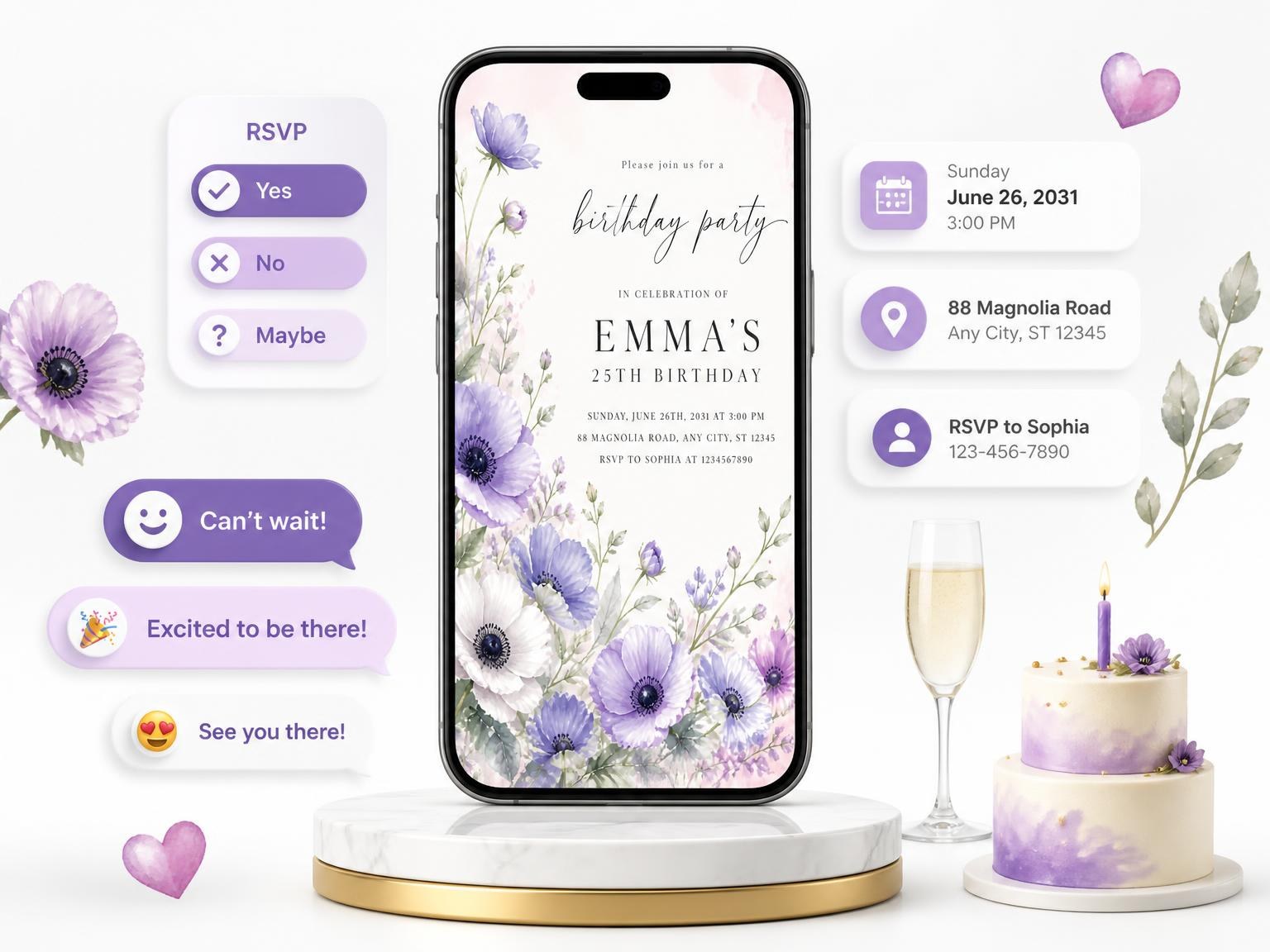 The Poppy Blossoms Lavender 25th Birthday Invitation invitation on a phone, with guest RSVPs arriving around it