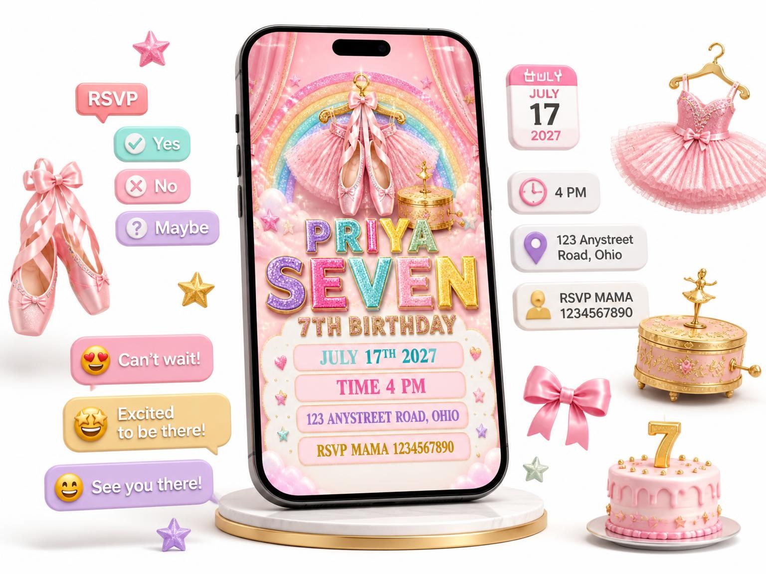 The Glitter Ballet 7th Birthday Invitation invitation on a phone, with guest RSVPs arriving around it