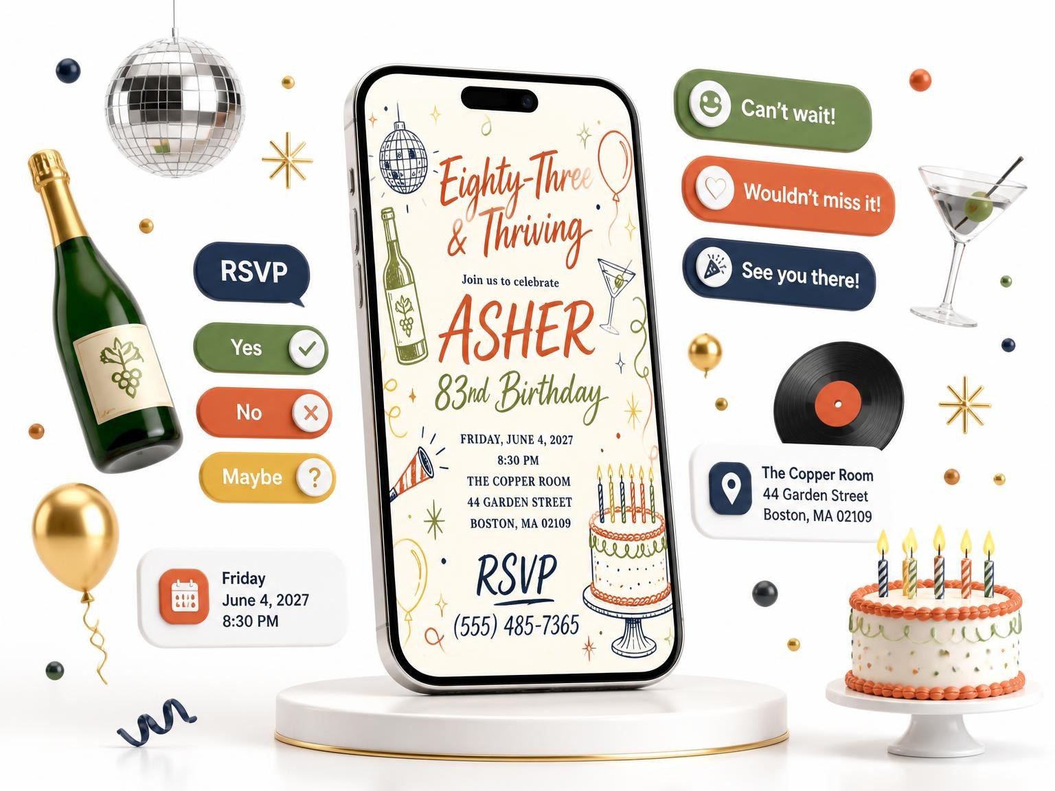 The Retro Doodle 83rd Birthday Invitation invitation on a phone, with guest RSVPs arriving around it