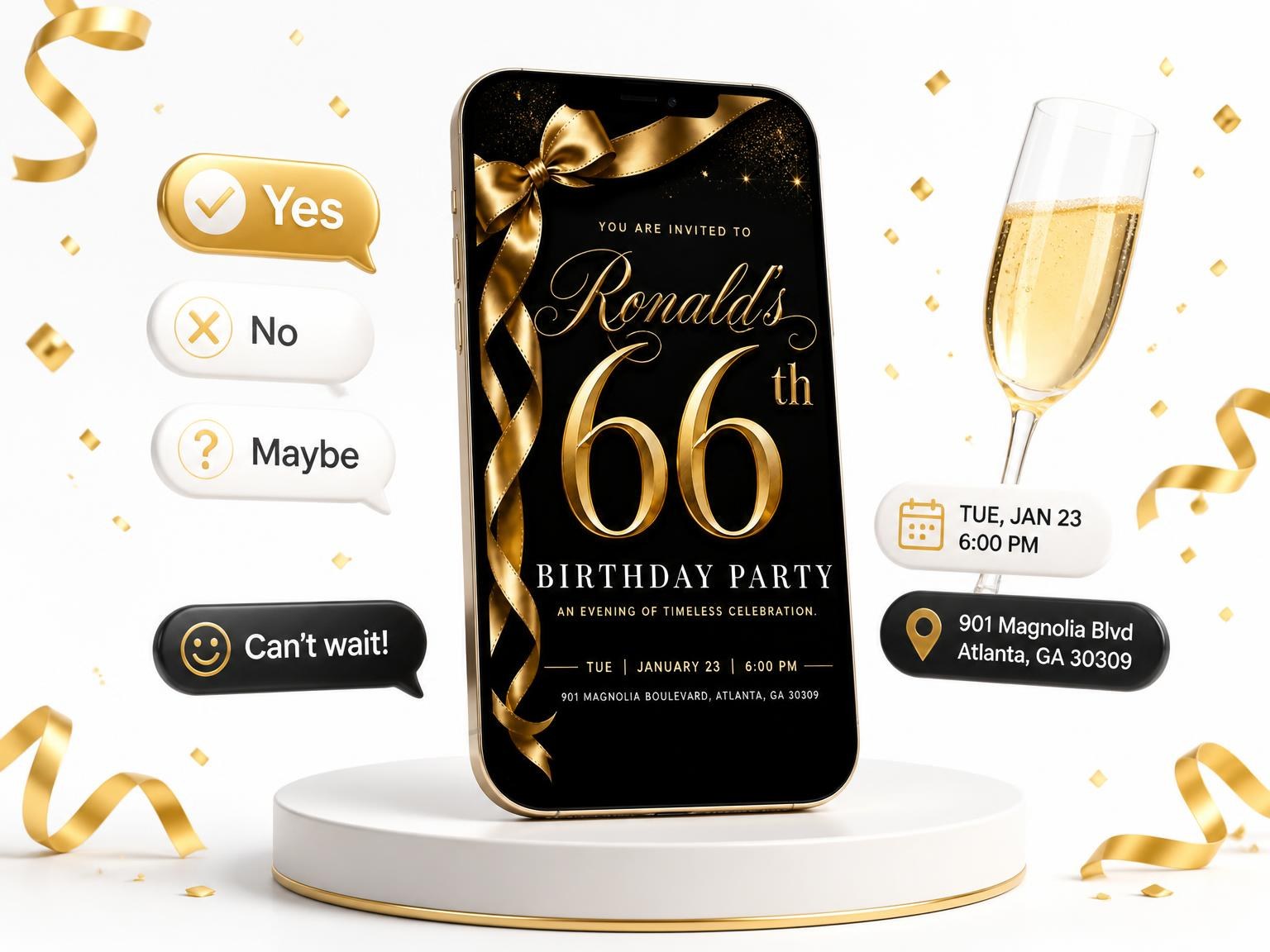 The Black and Gold Ribbon 66th Birthday invitation on a phone, with guest RSVPs arriving around it