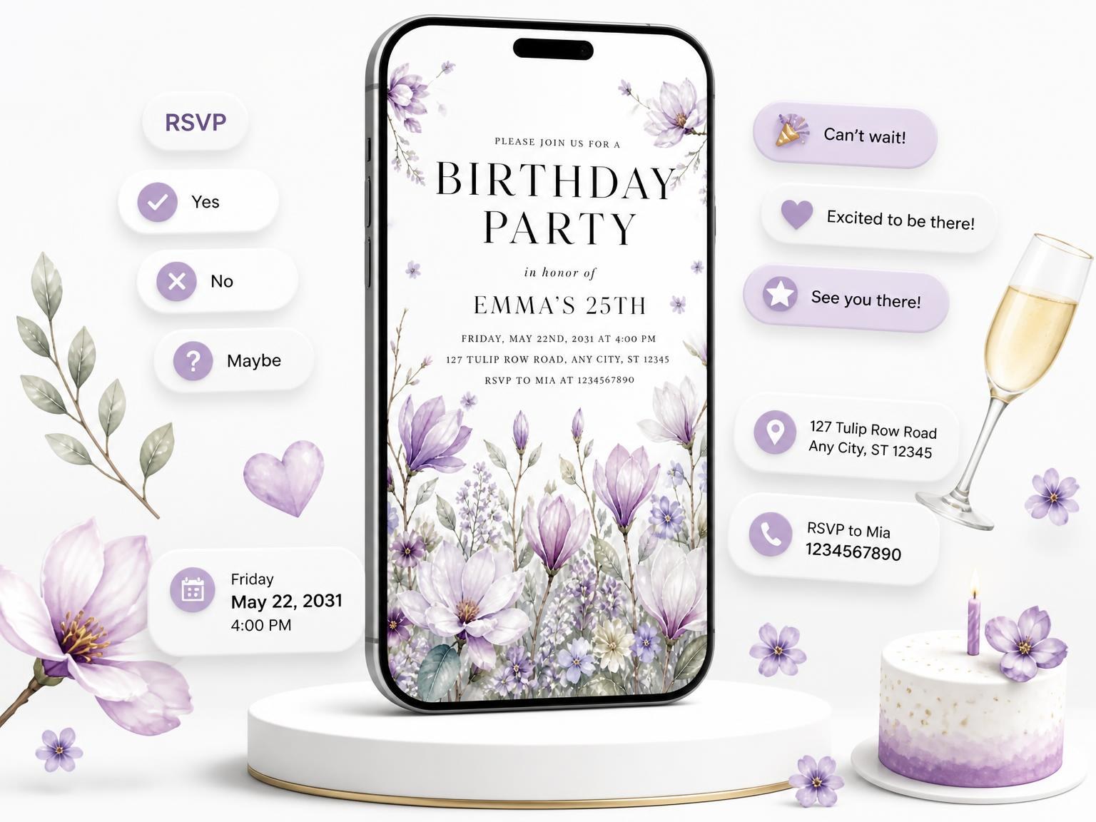 The Magnolia Garden Lavender 25th Birthday Invitation invitation on a phone, with guest RSVPs arriving around it