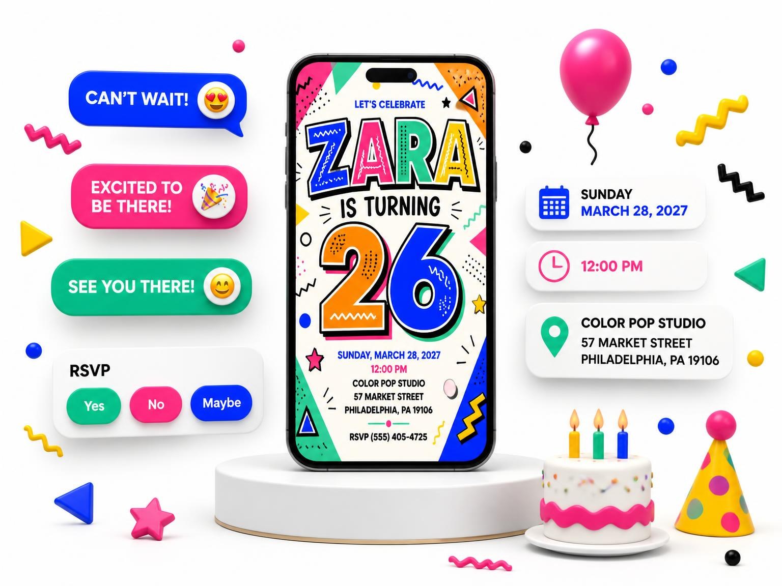 The Memphis Pop 26th Birthday Invitation invitation on a phone, with guest RSVPs arriving around it