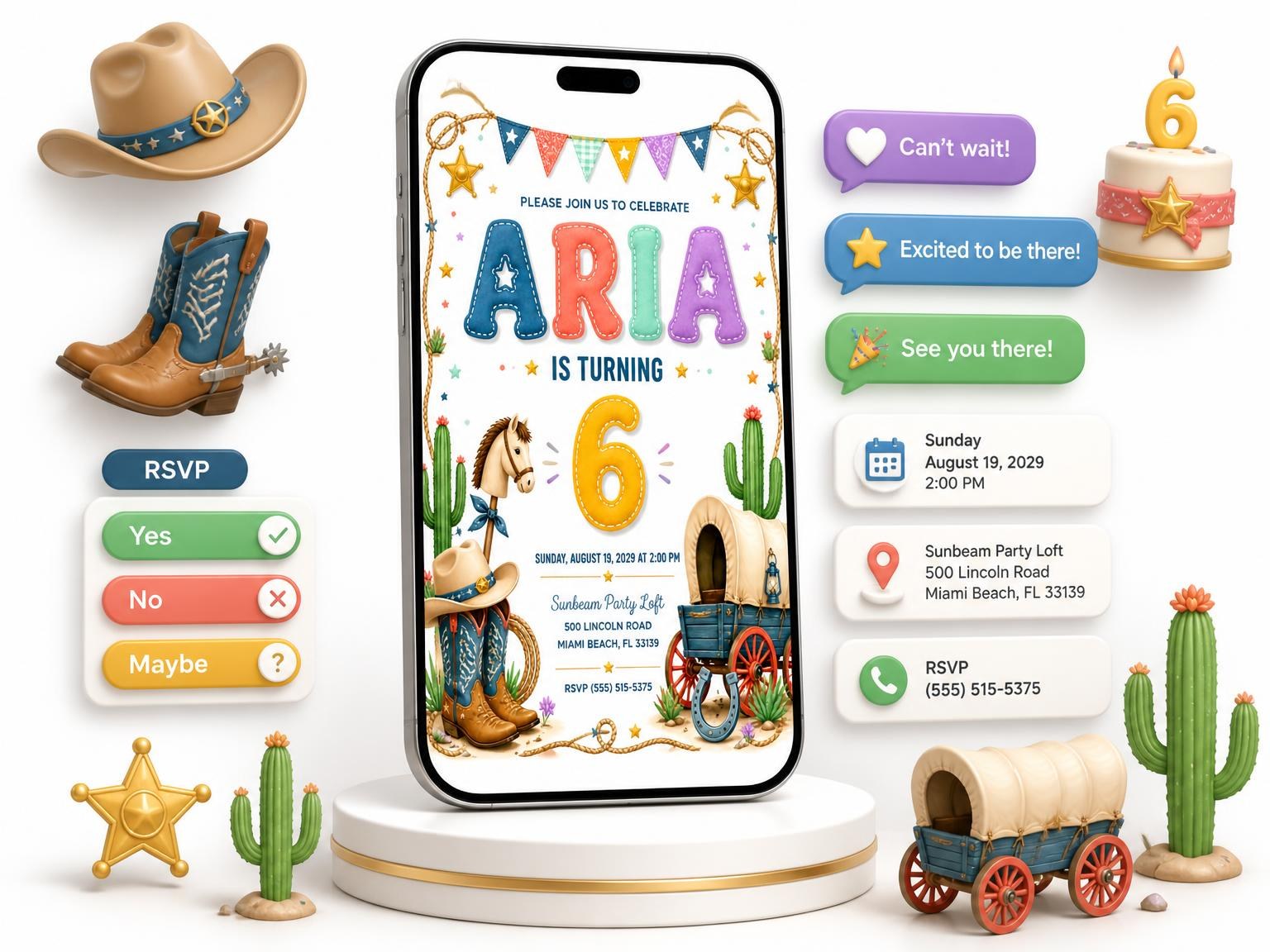 The Stitched Cowboy 6th Birthday Invitation invitation on a phone, with guest RSVPs arriving around it