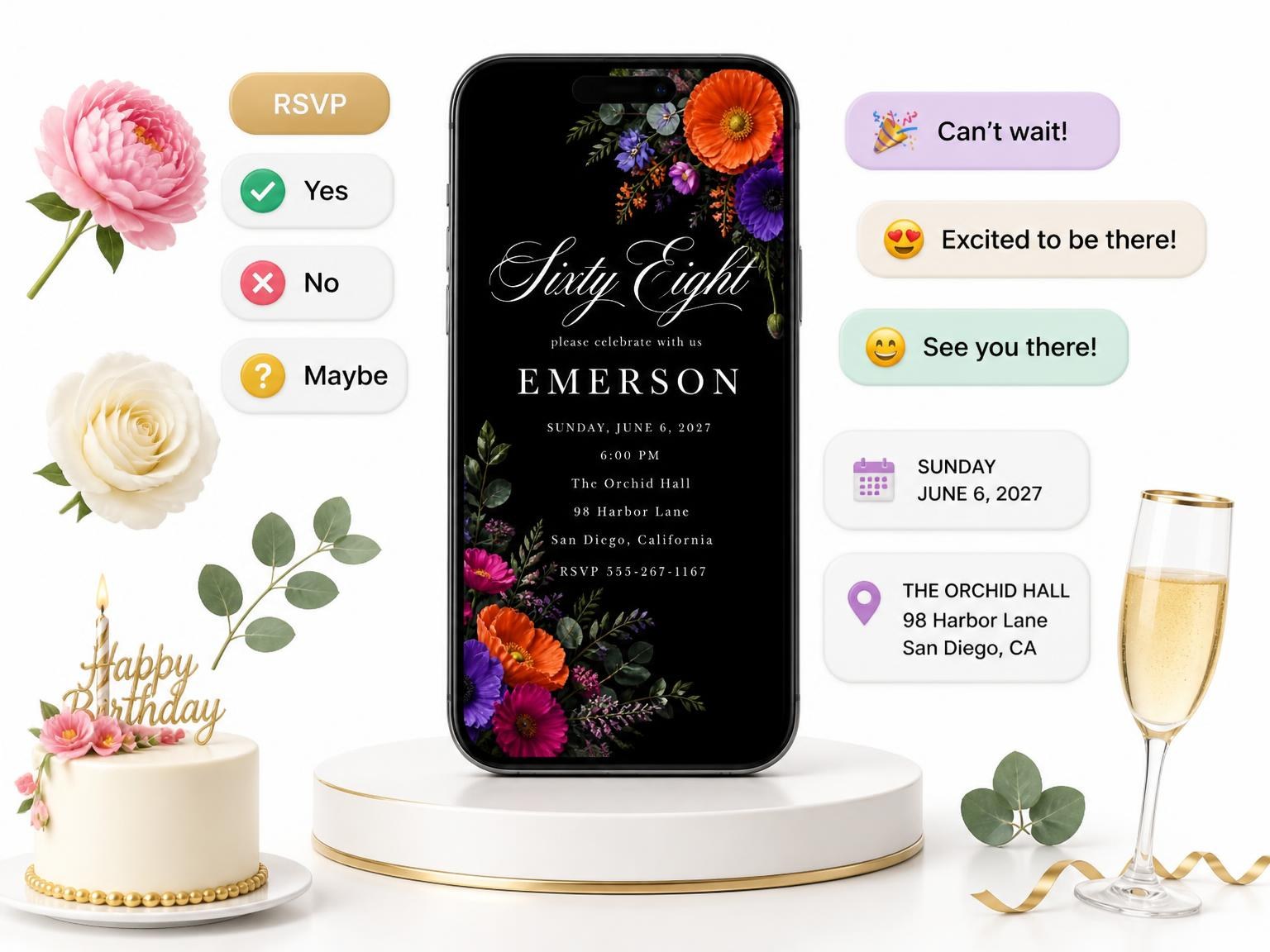 The Black Floral 68th Birthday Invitation invitation on a phone, with guest RSVPs arriving around it