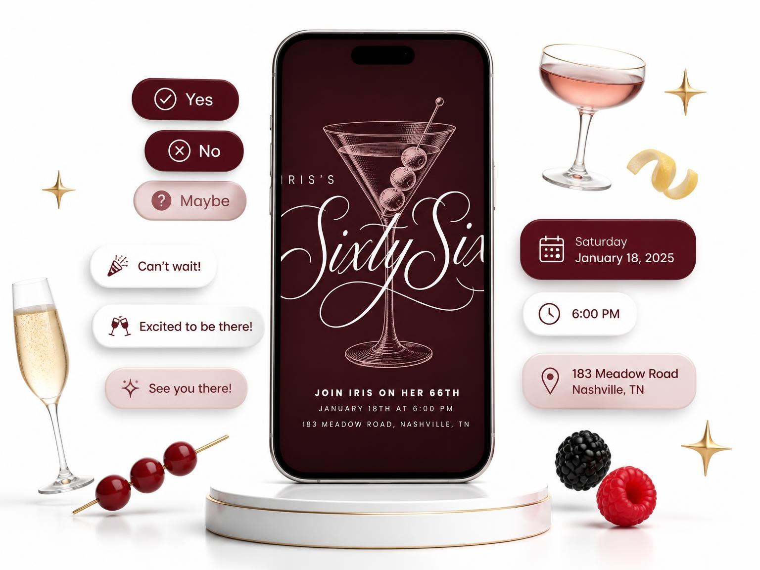The Burgundy Cocktail 66th Birthday Invitation invitation on a phone, with guest RSVPs arriving around it