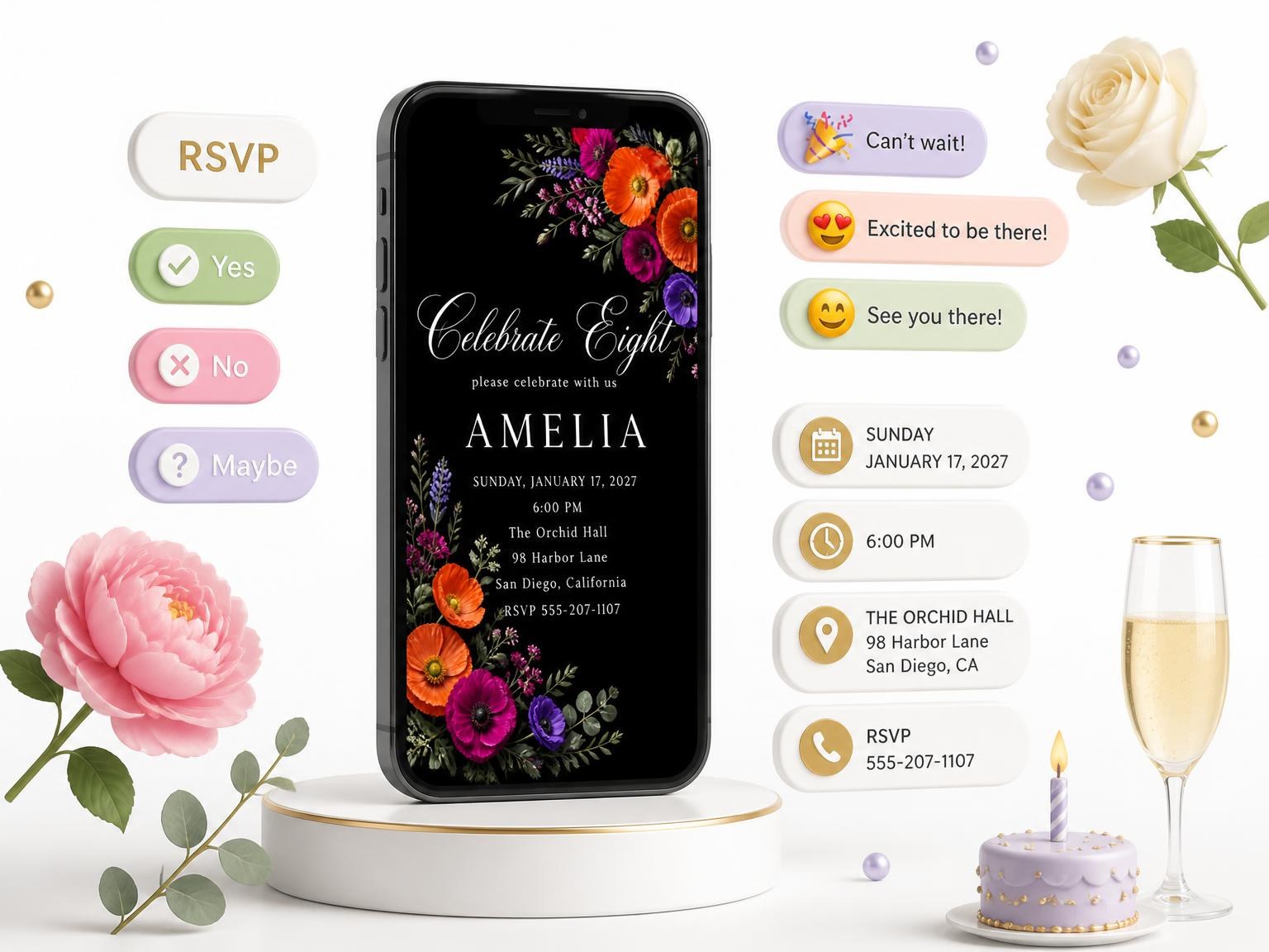 The Black Floral 8th Birthday Invitation invitation on a phone, with guest RSVPs arriving around it