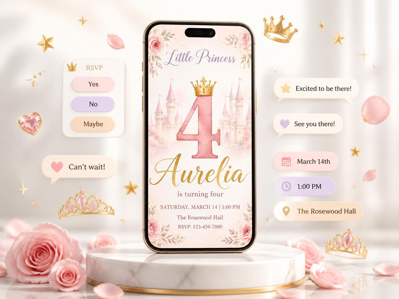 The Blush Watercolor Castle 4th Birthday Invitation invitation on a phone, with guest RSVPs arriving around it