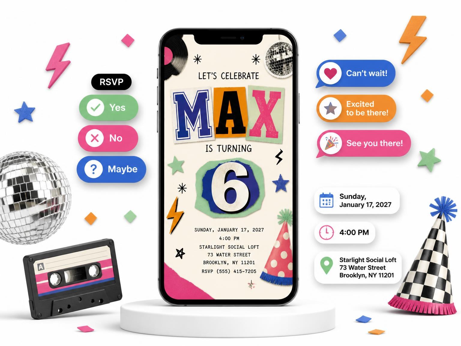 The Retro Paper Collage 6th Birthday Invitation invitation on a phone, with guest RSVPs arriving around it