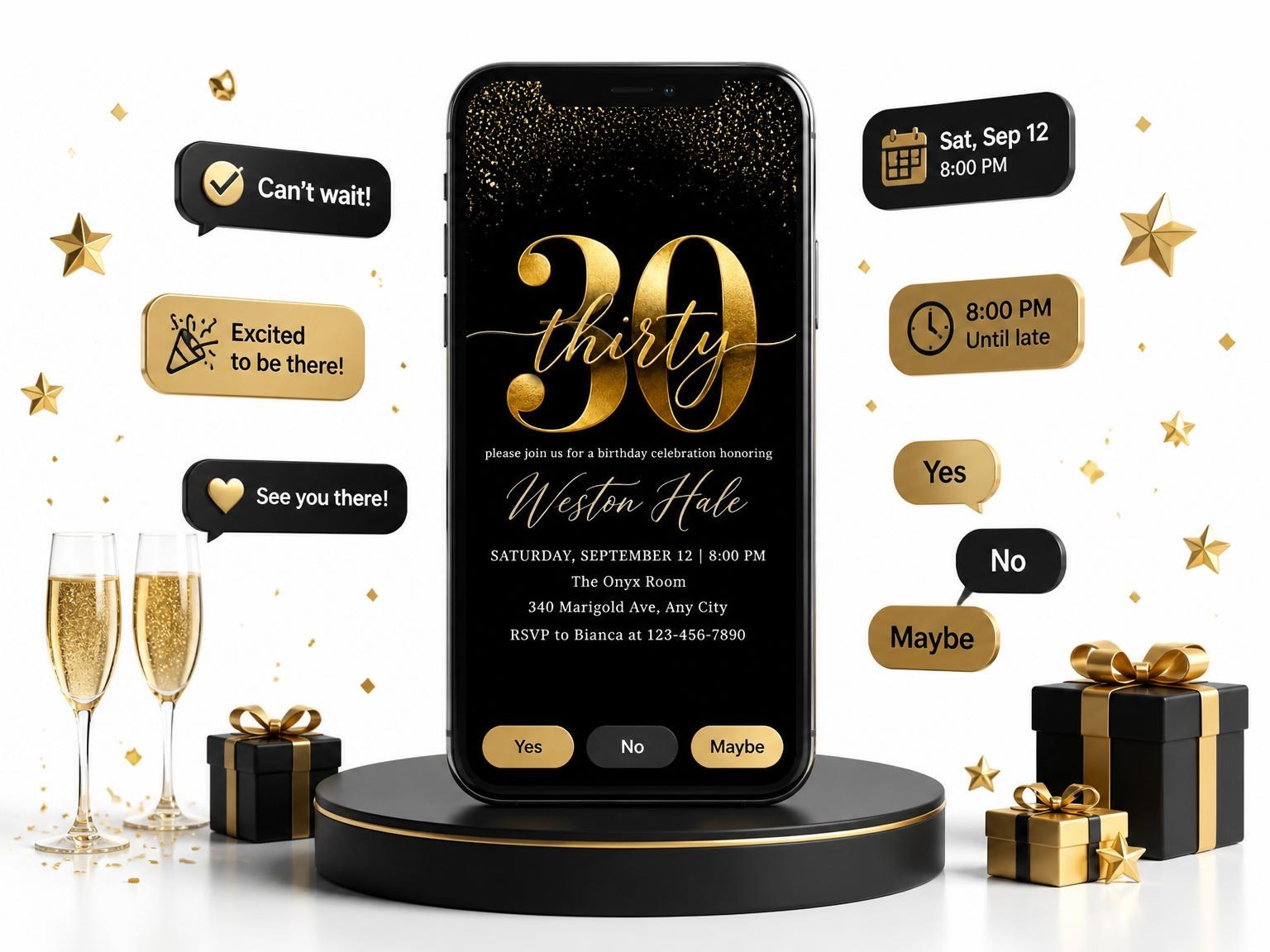 The Gold Foil Black 30th Birthday invitation on a phone, with guest RSVPs arriving around it