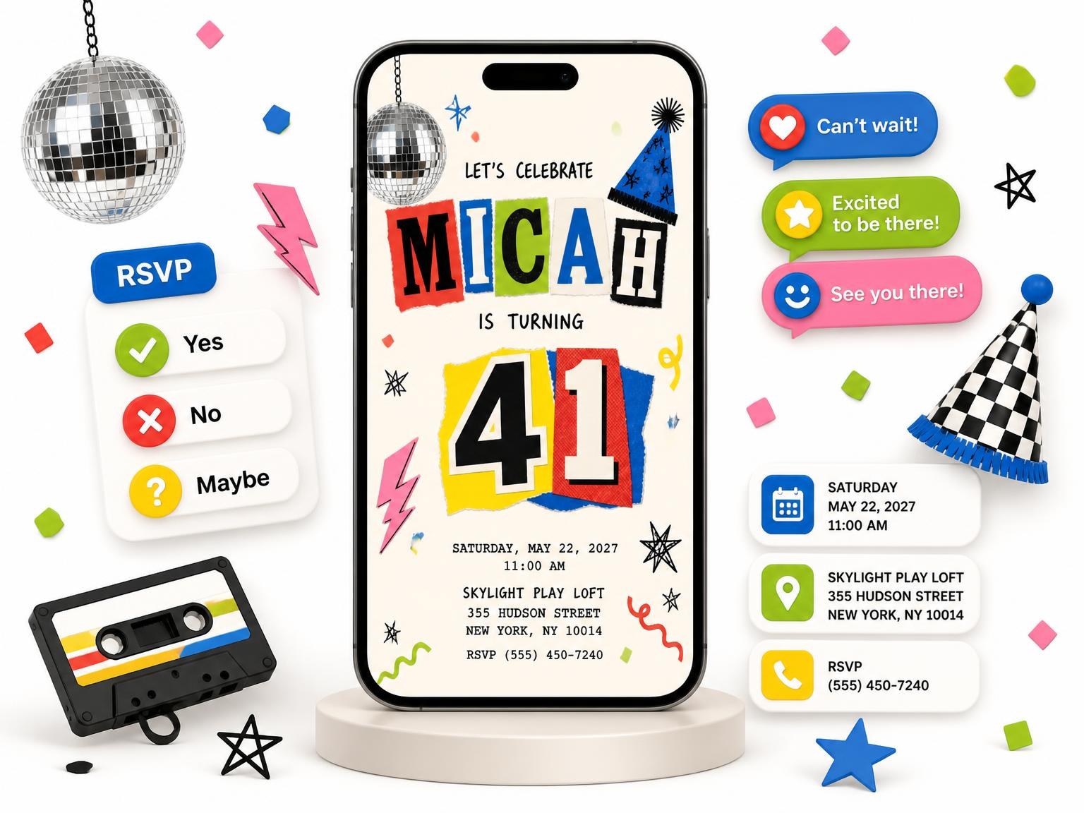 The Retro Paper Collage 41st Birthday Invitation invitation on a phone, with guest RSVPs arriving around it