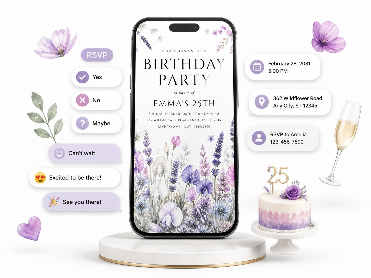 The Wildflowers Lavender 25th Birthday Invitation invitation on a phone, with guest RSVPs arriving around it