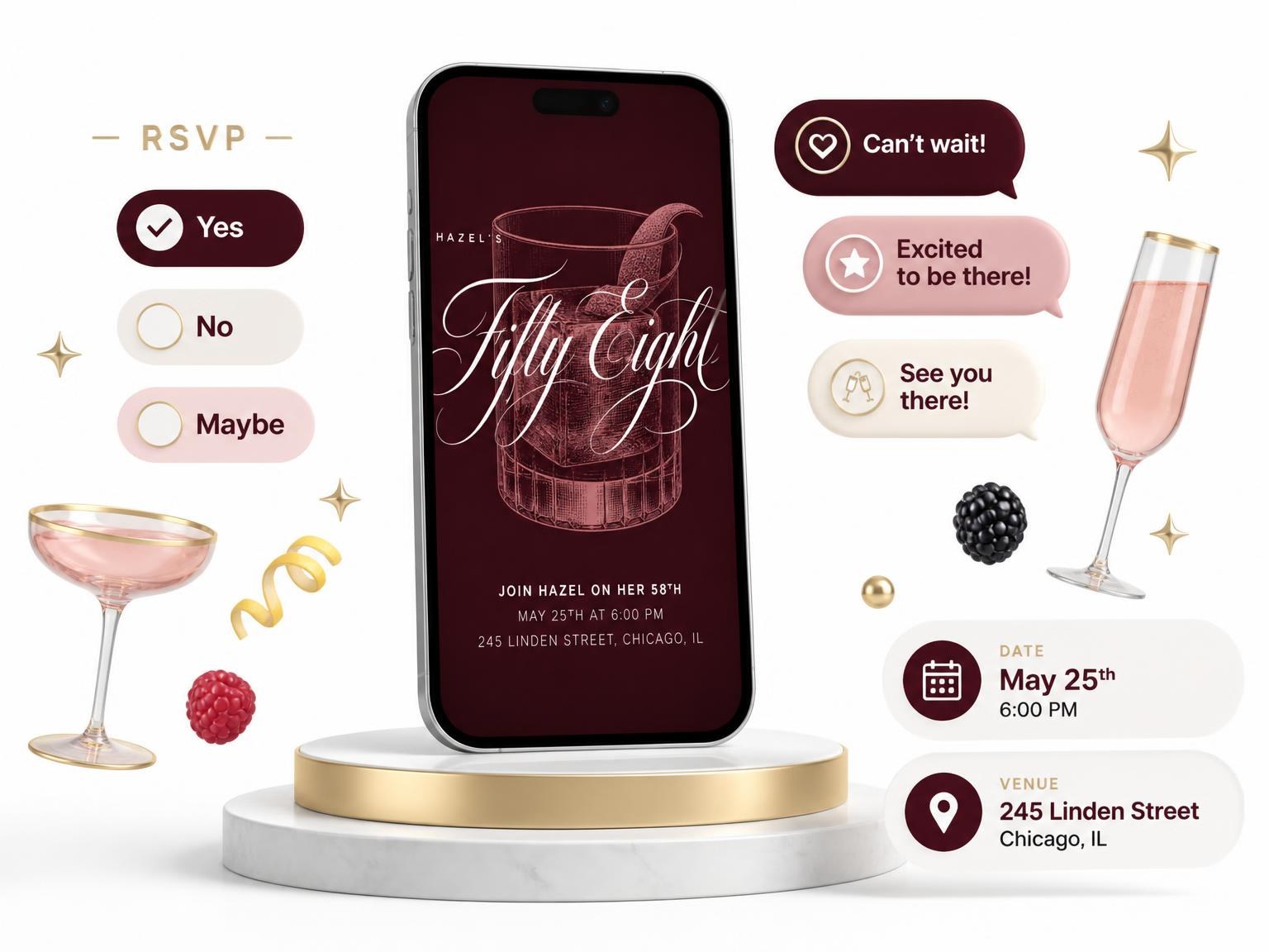 The Burgundy Cocktail 58th Birthday Invitation invitation on a phone, with guest RSVPs arriving around it