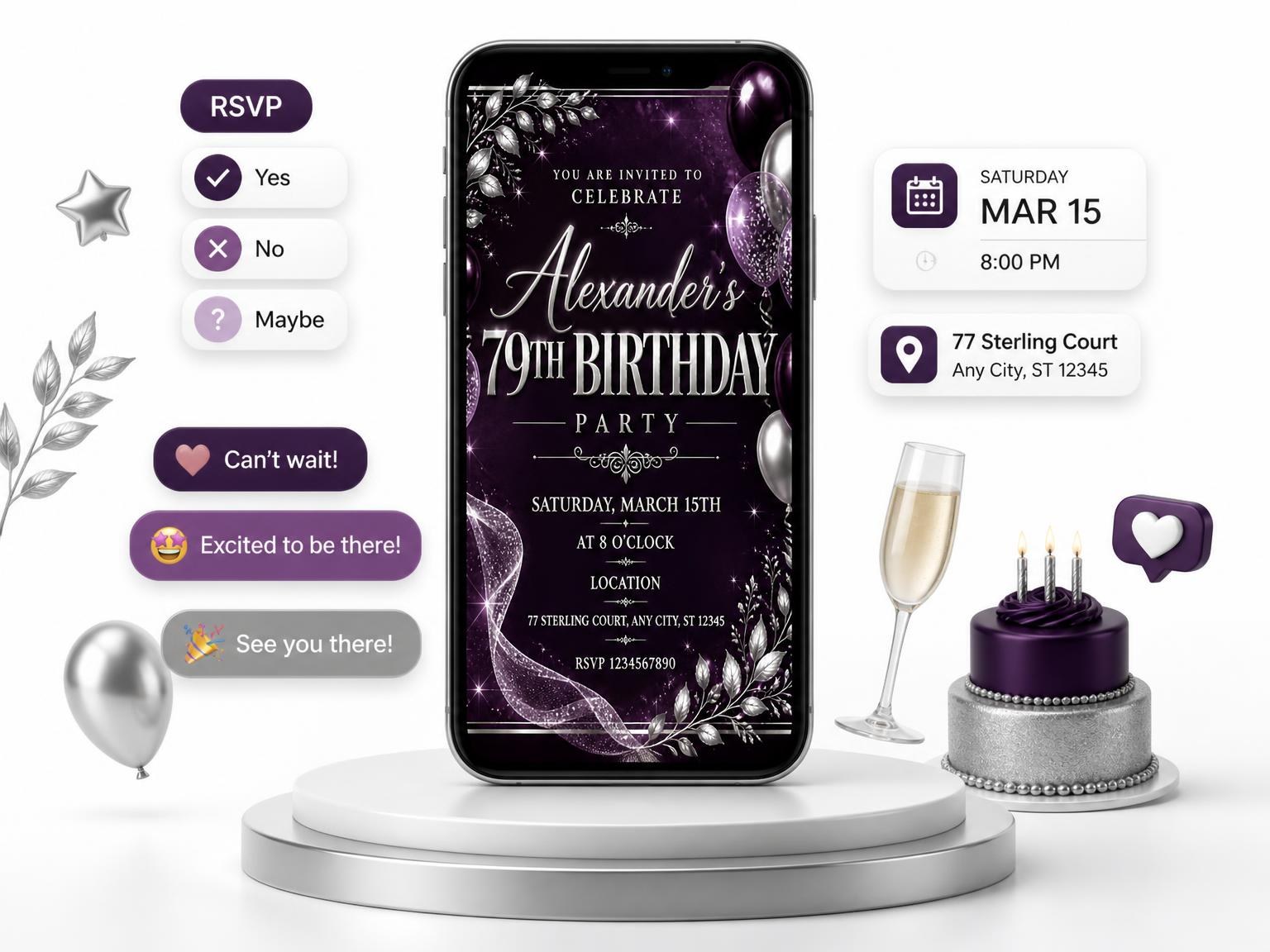 The Plum and Silver 79th Birthday Invitation invitation on a phone, with guest RSVPs arriving around it