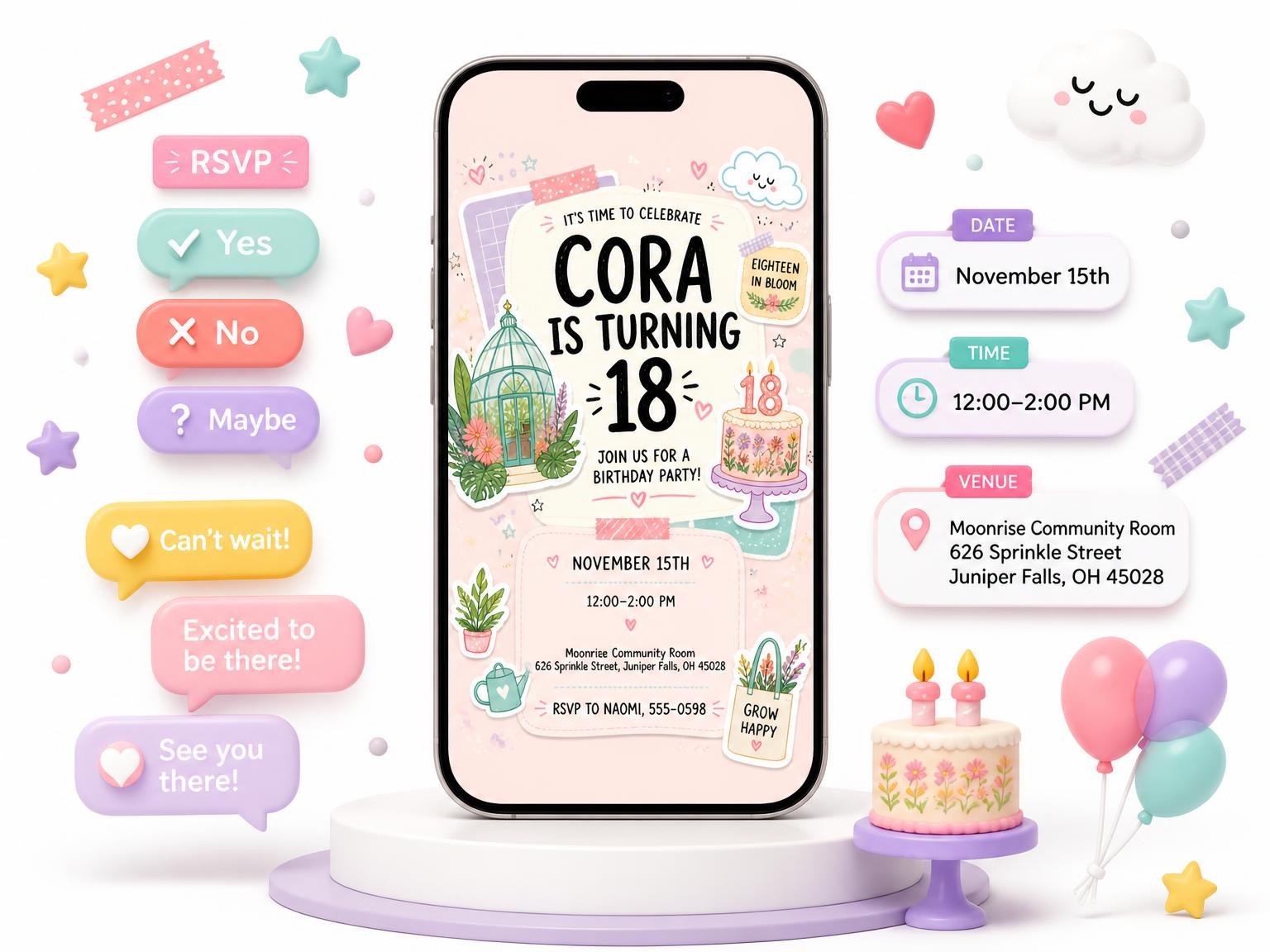 The Cake Pastel Scrapbook 18th Birthday Invitation invitation on a phone, with guest RSVPs arriving around it