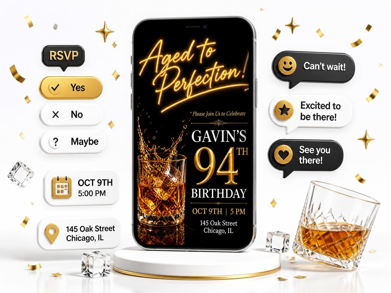 The Whiskey Glass 94th Birthday Invitation invitation on a phone, with guest RSVPs arriving around it