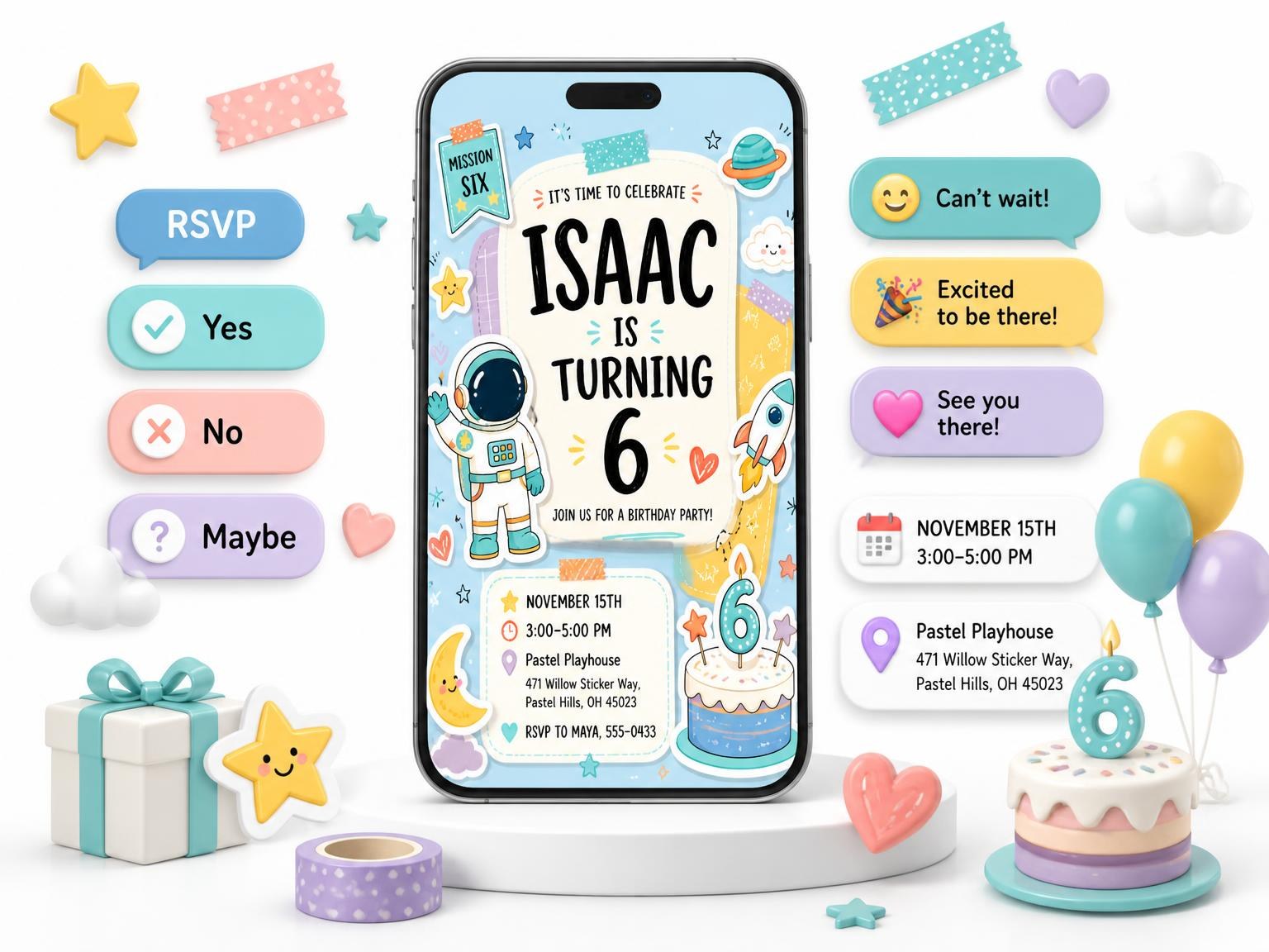 The Waving Astronaut Pastel 6th Birthday Invitation invitation on a phone, with guest RSVPs arriving around it