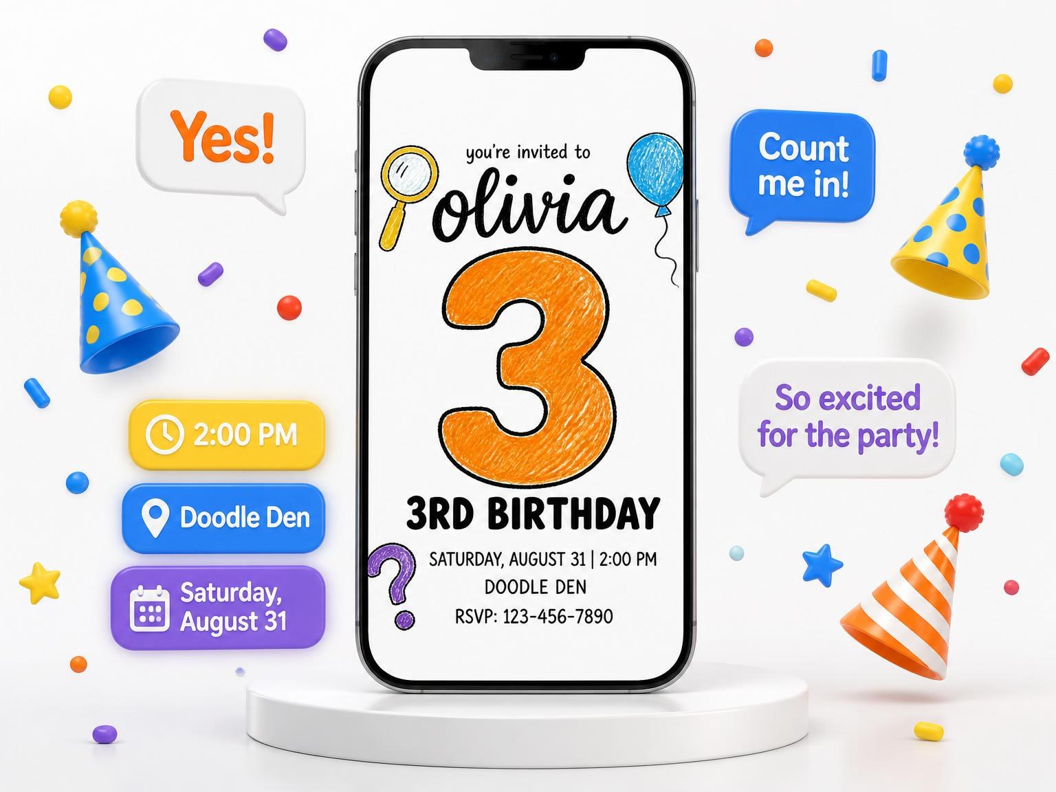 The Crayon Doodle Motif 3rd Birthday Invitation invitation on a phone, with guest RSVPs arriving around it