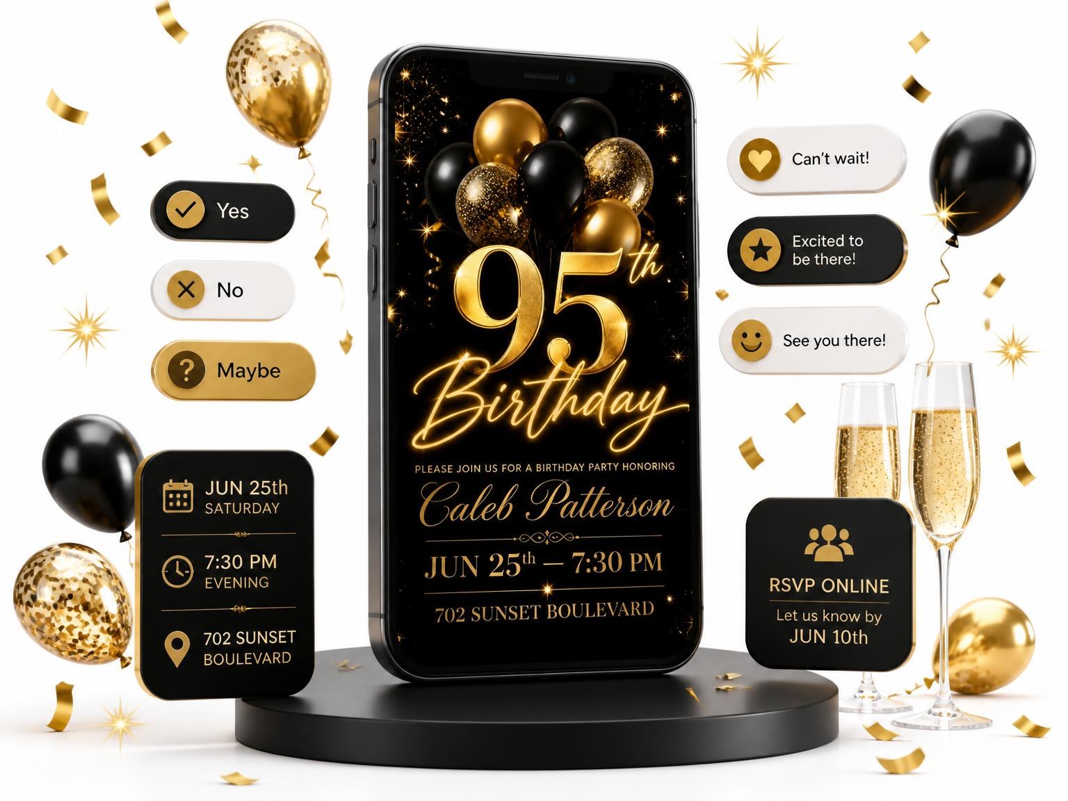 The Black and Gold Balloon 95th Birthday invitation on a phone, with guest RSVPs arriving around it