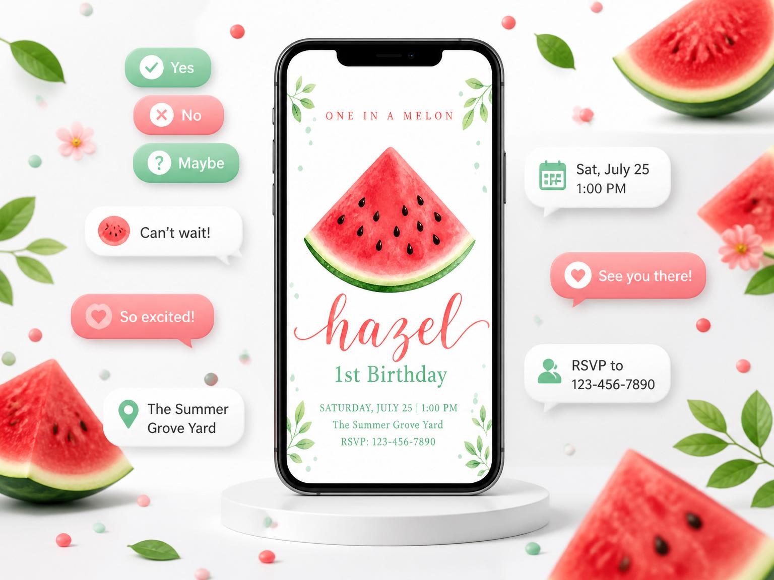 The Watercolor Watermelon 1st Birthday Invitation invitation on a phone, with guest RSVPs arriving around it