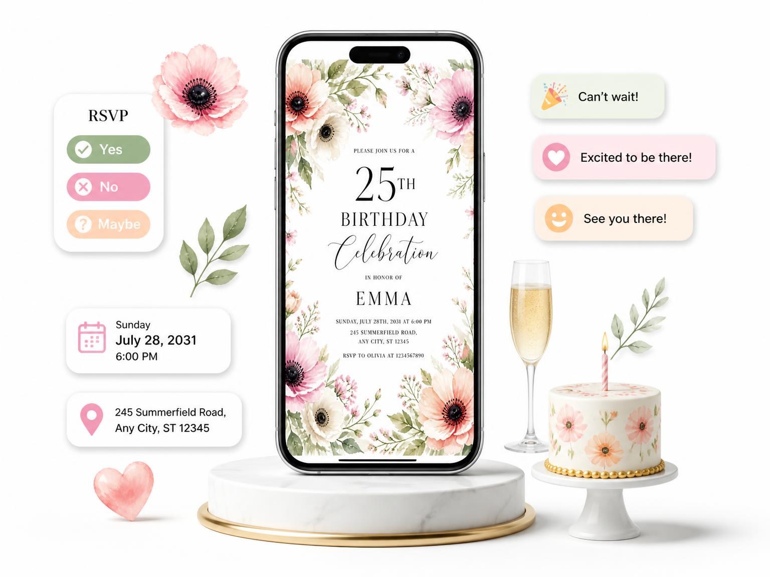 The Anemones Greenery Blush 25th Birthday Invitation invitation on a phone, with guest RSVPs arriving around it