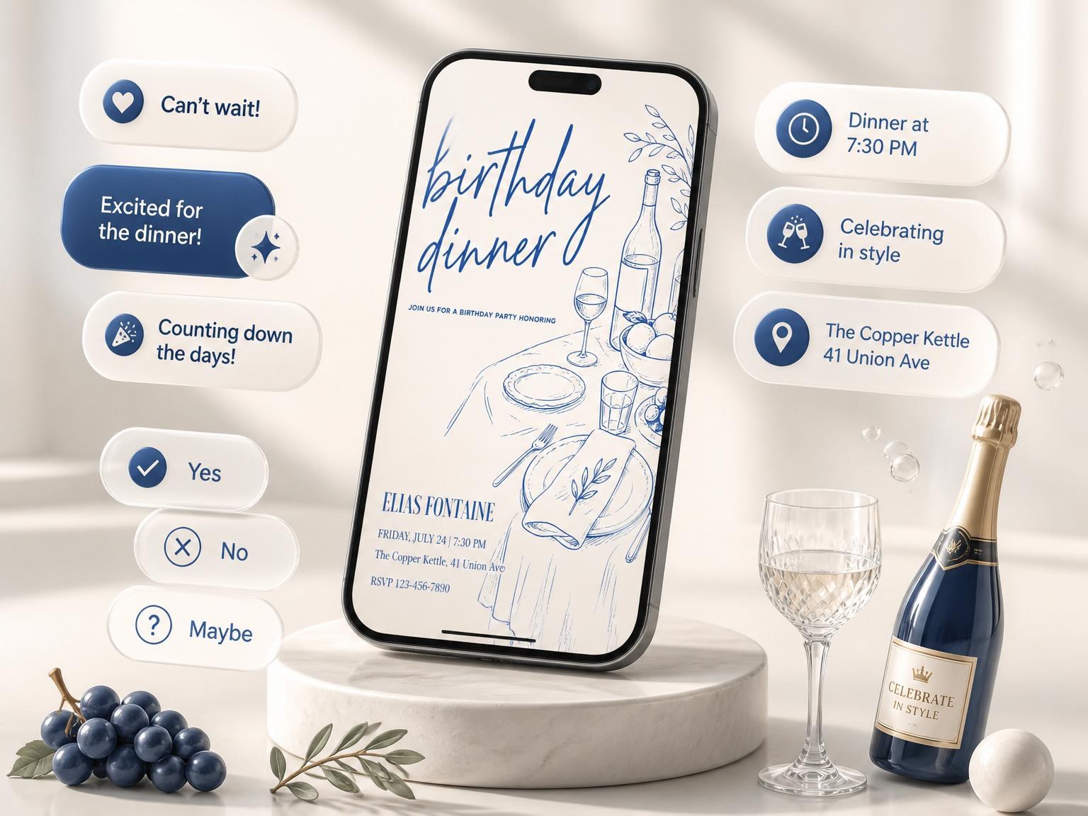 The Blue Line Art Bistro Birthday Dinner invitation on a phone, with guest RSVPs arriving around it