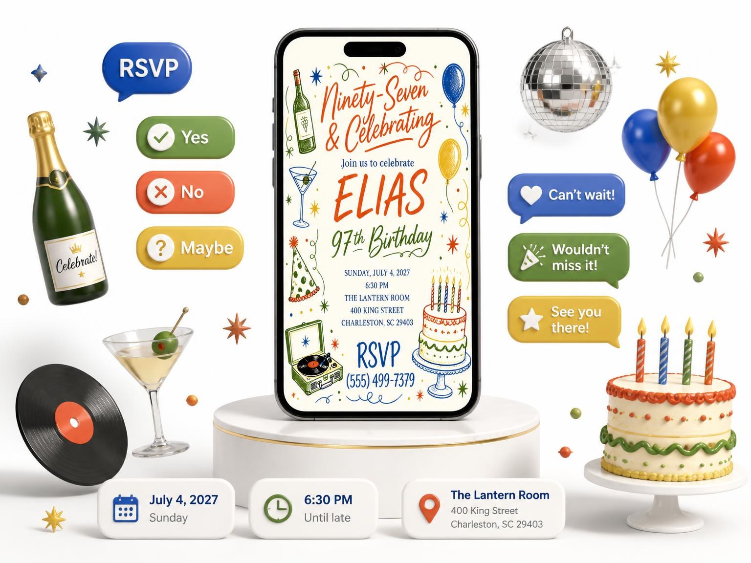 The Retro Doodle 97th Birthday Invitation invitation on a phone, with guest RSVPs arriving around it