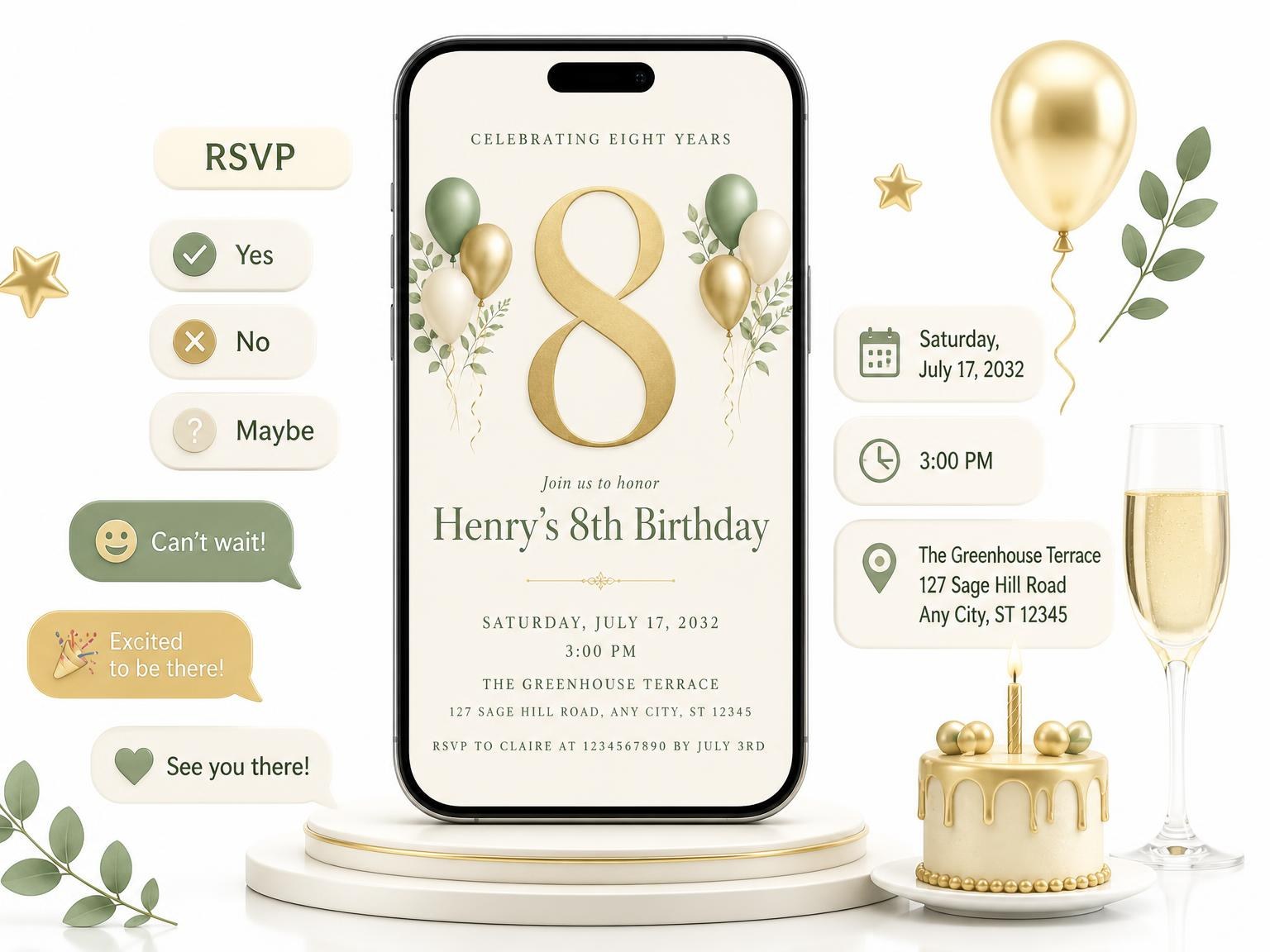 The Sage and Ivory 8th Birthday Invitation invitation on a phone, with guest RSVPs arriving around it
