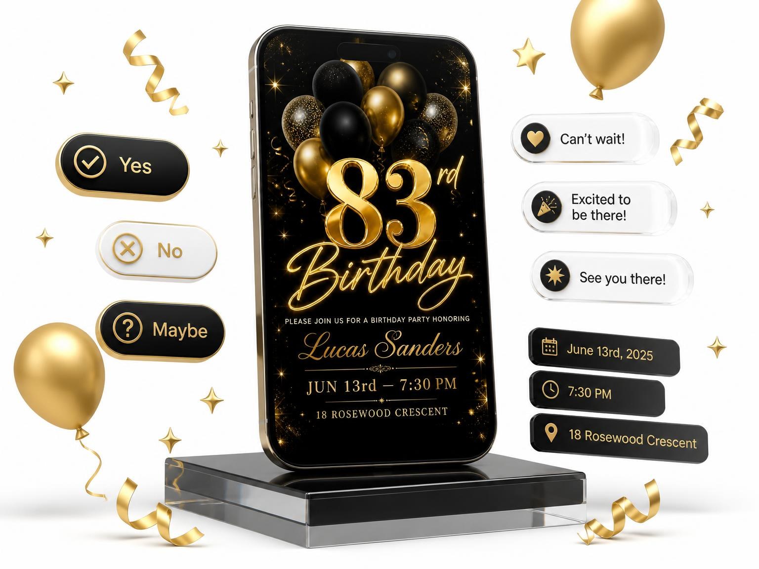 The Black and Gold Balloon 83rd Birthday invitation on a phone, with guest RSVPs arriving around it