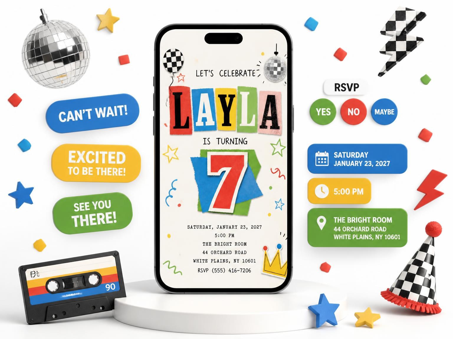 The Retro Paper Collage 7th Birthday Invitation invitation on a phone, with guest RSVPs arriving around it