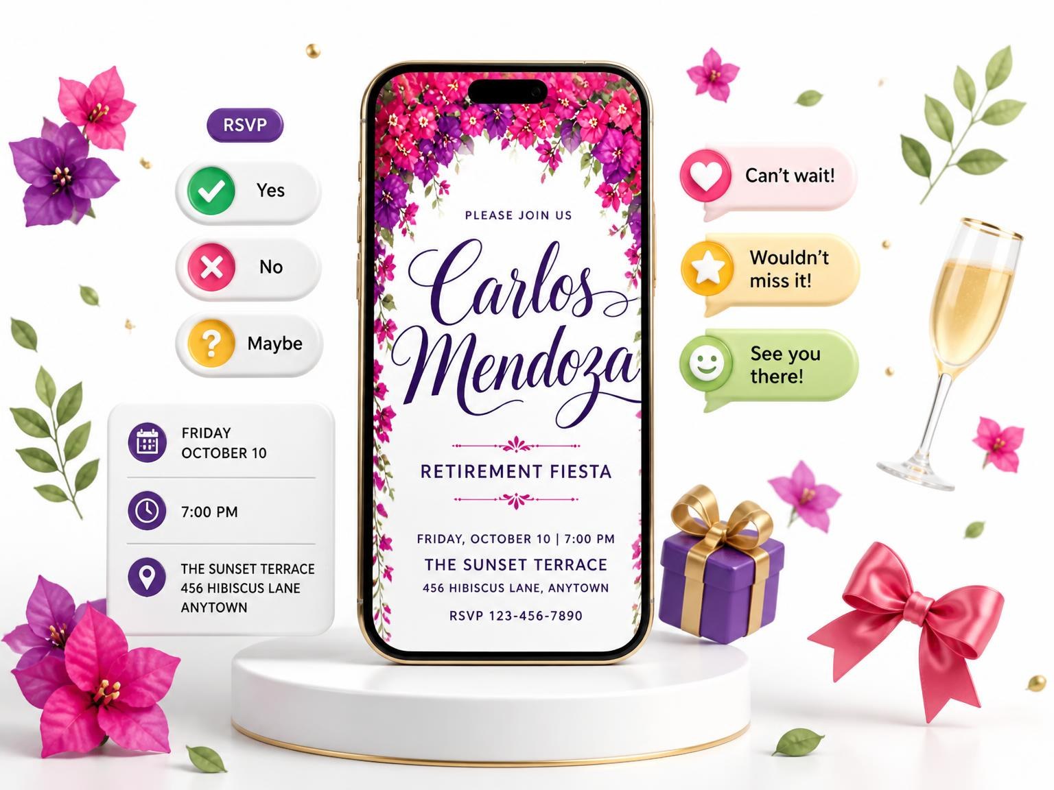 The Bougainvillea Retirement Fiesta Invitation invitation on a phone, with guest RSVPs arriving around it