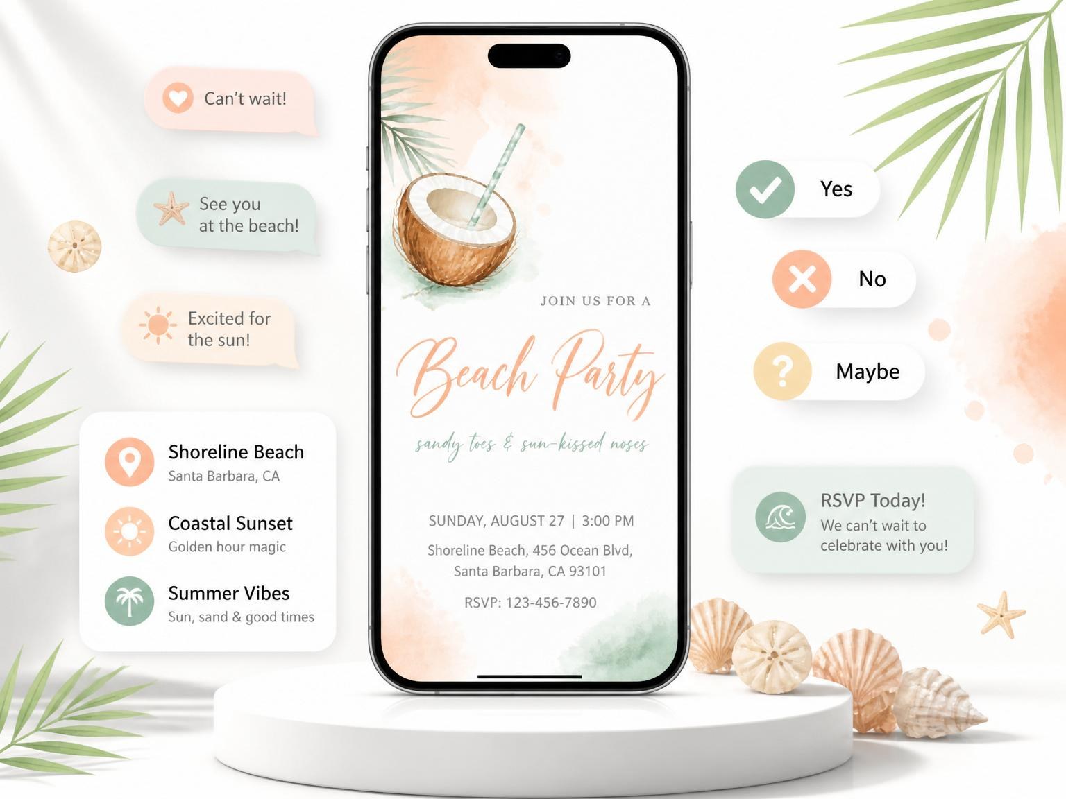The Peach and Sage Watercolor Beach Party invitation on a phone, with guest RSVPs arriving around it