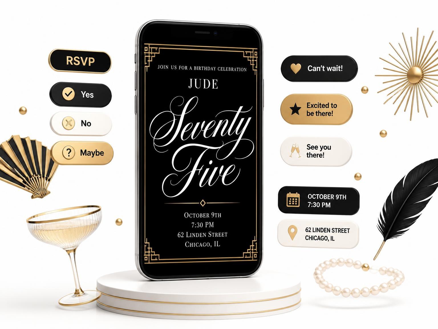 The Art Deco 75th Birthday Invitation invitation on a phone, with guest RSVPs arriving around it