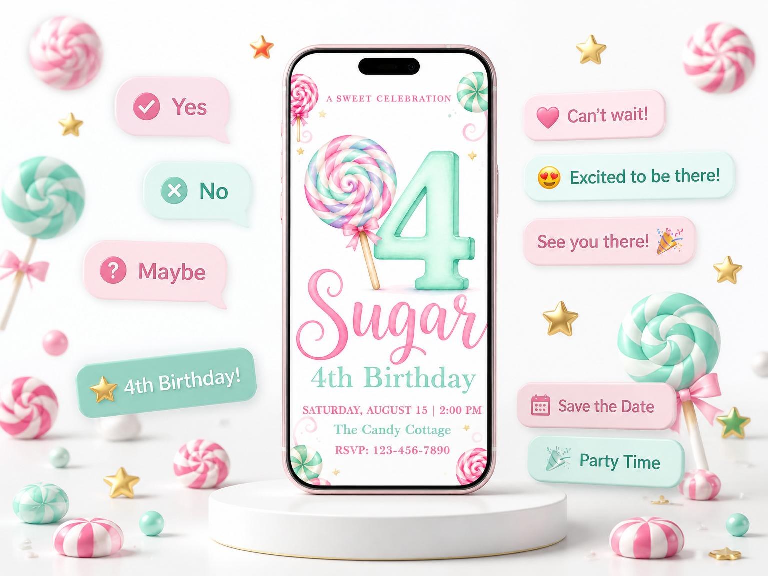 The Pastel Lollipop Candy 4th Birthday invitation on a phone, with guest RSVPs arriving around it