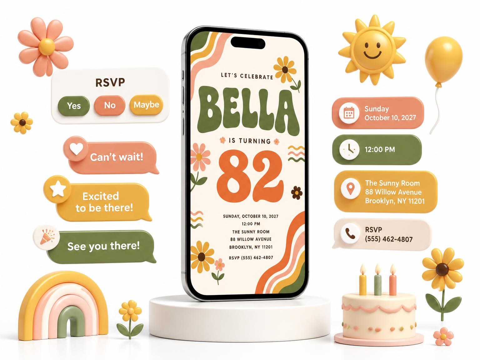 The Groovy Retro 82nd Birthday Invitation invitation on a phone, with guest RSVPs arriving around it