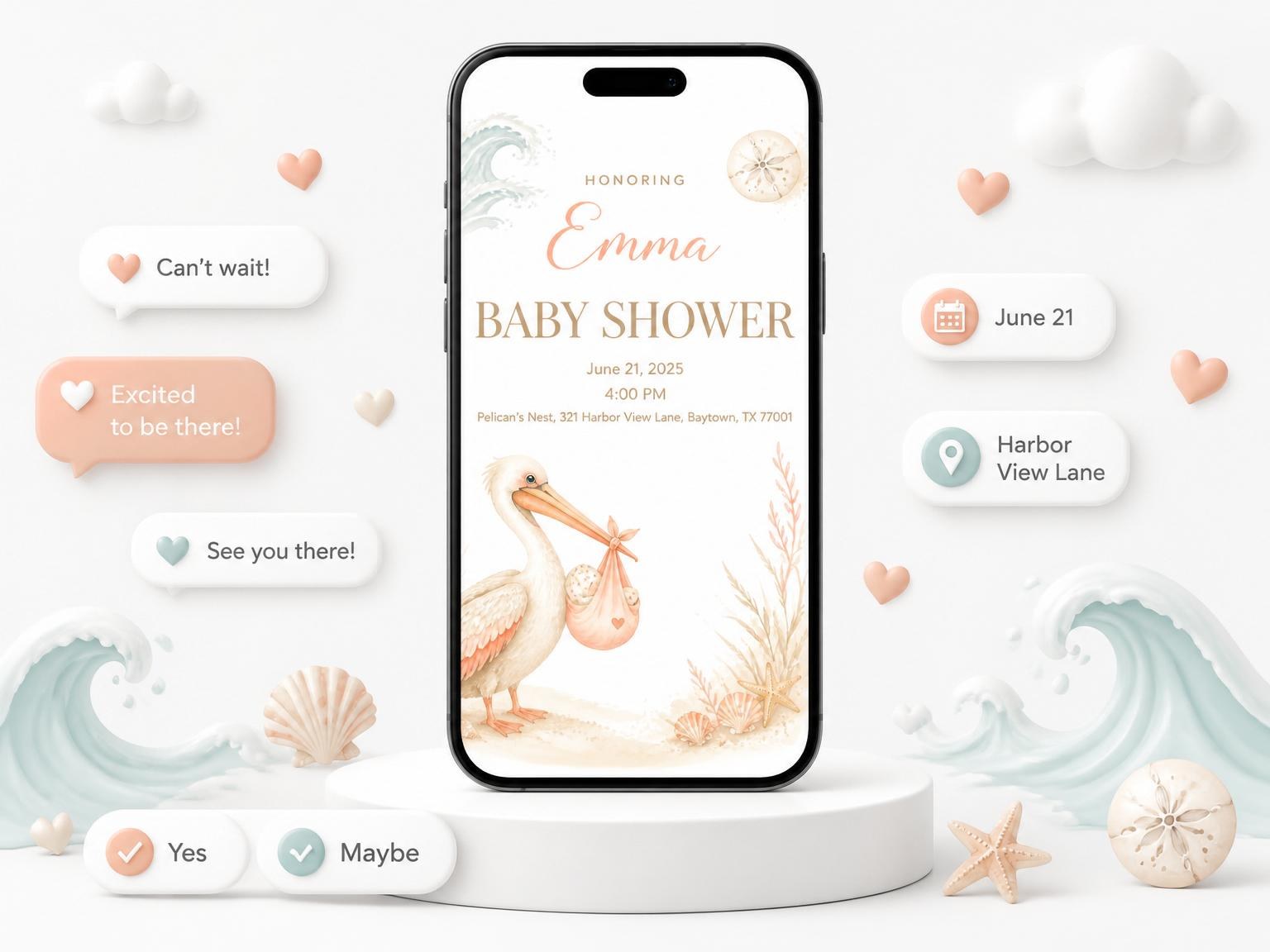 The Watercolor Pelican Coastal Baby Shower invitation on a phone, with guest RSVPs arriving around it