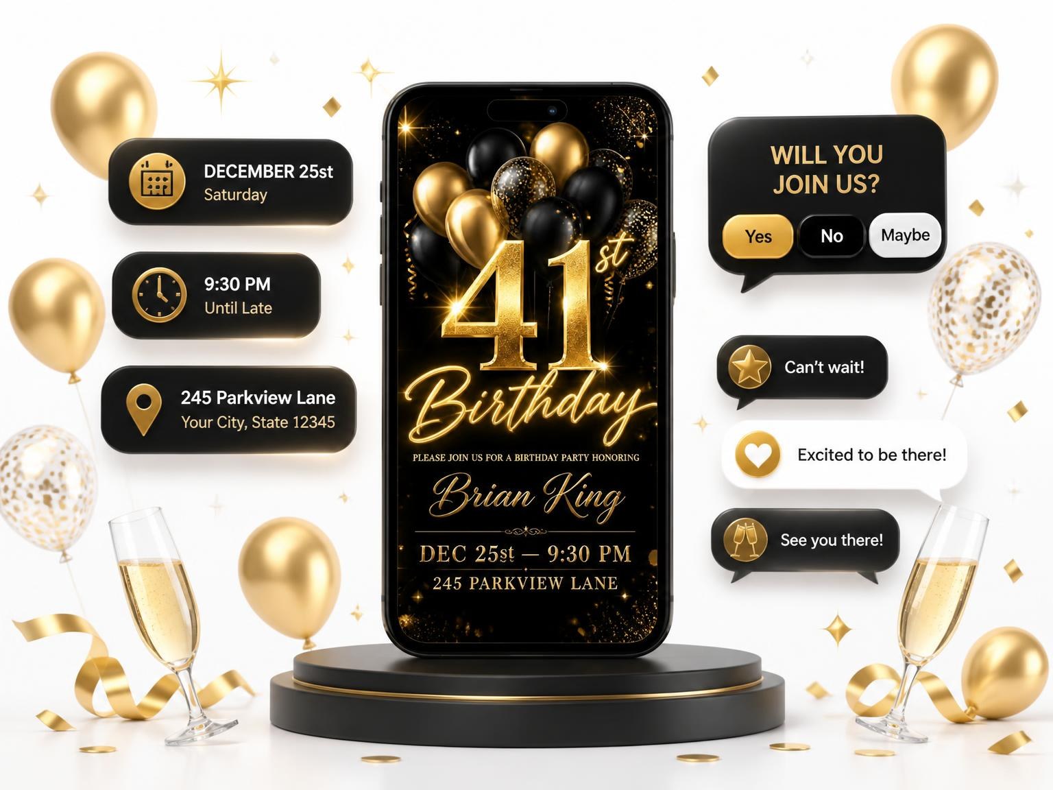 The Black and Gold Balloon 41st Birthday invitation on a phone, with guest RSVPs arriving around it