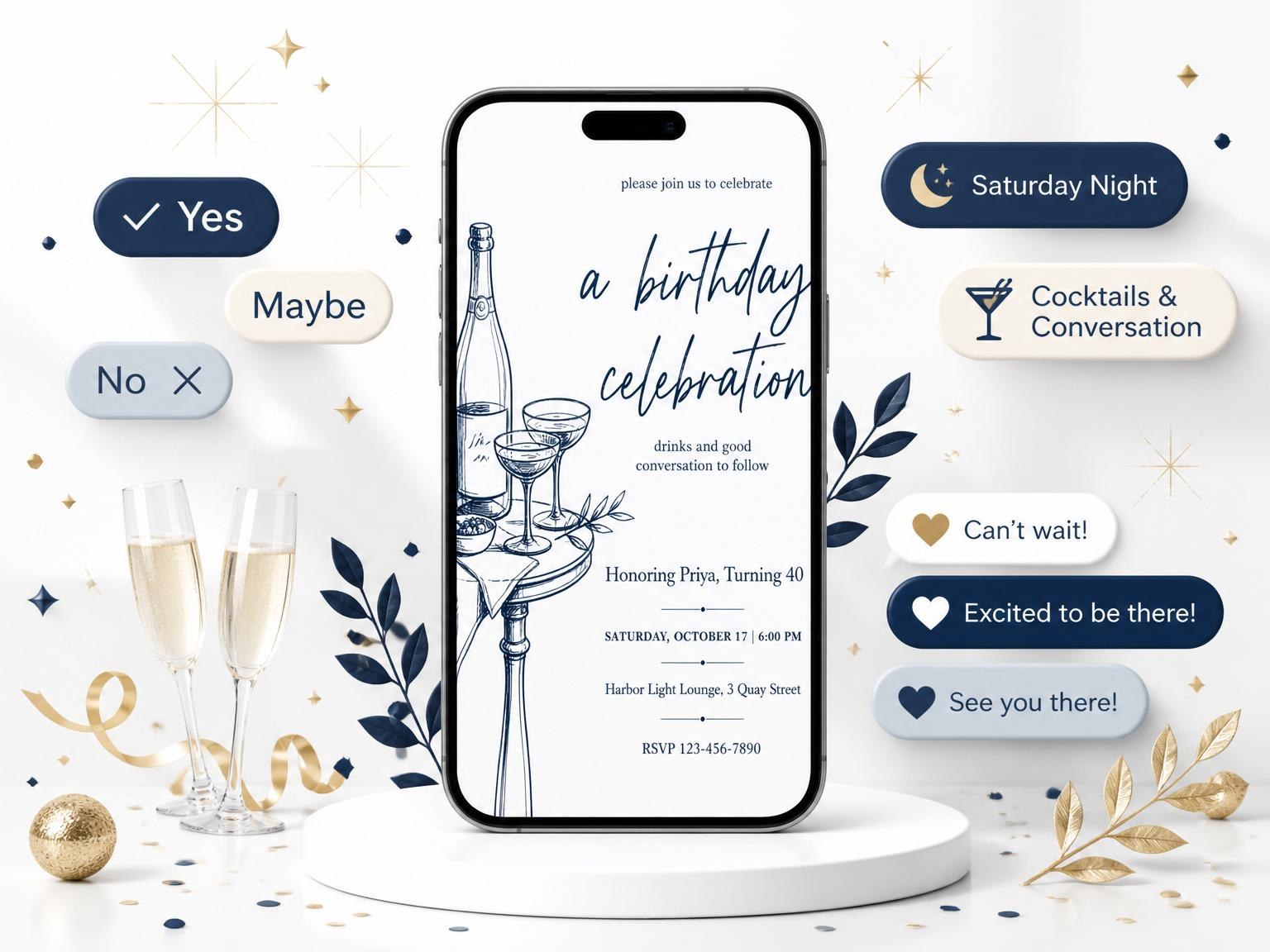 The Navy Ink Sketch Champagne 40th Birthday invitation on a phone, with guest RSVPs arriving around it
