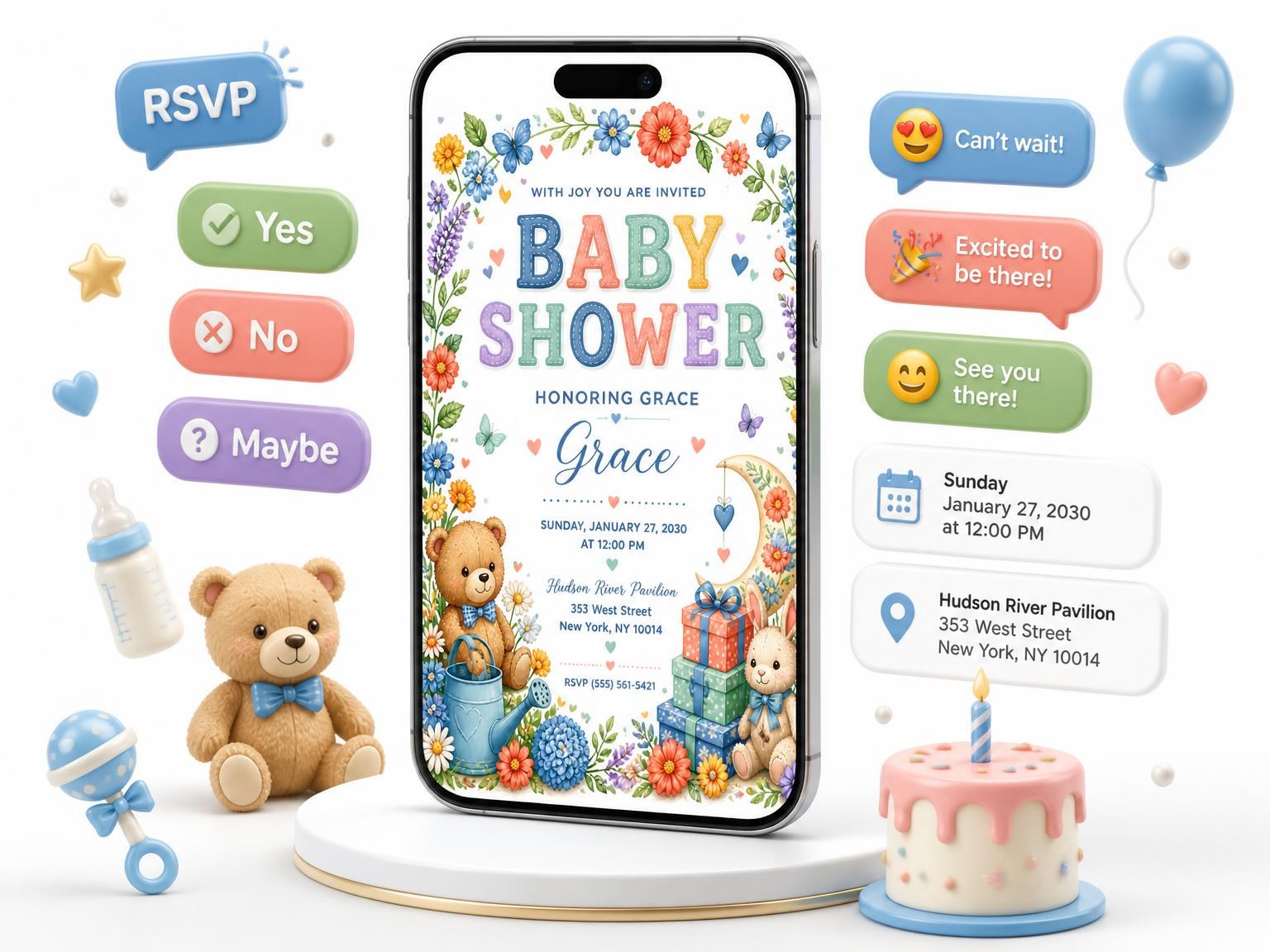The Wildflower Butterfly Baby Shower Invitation invitation on a phone, with guest RSVPs arriving around it