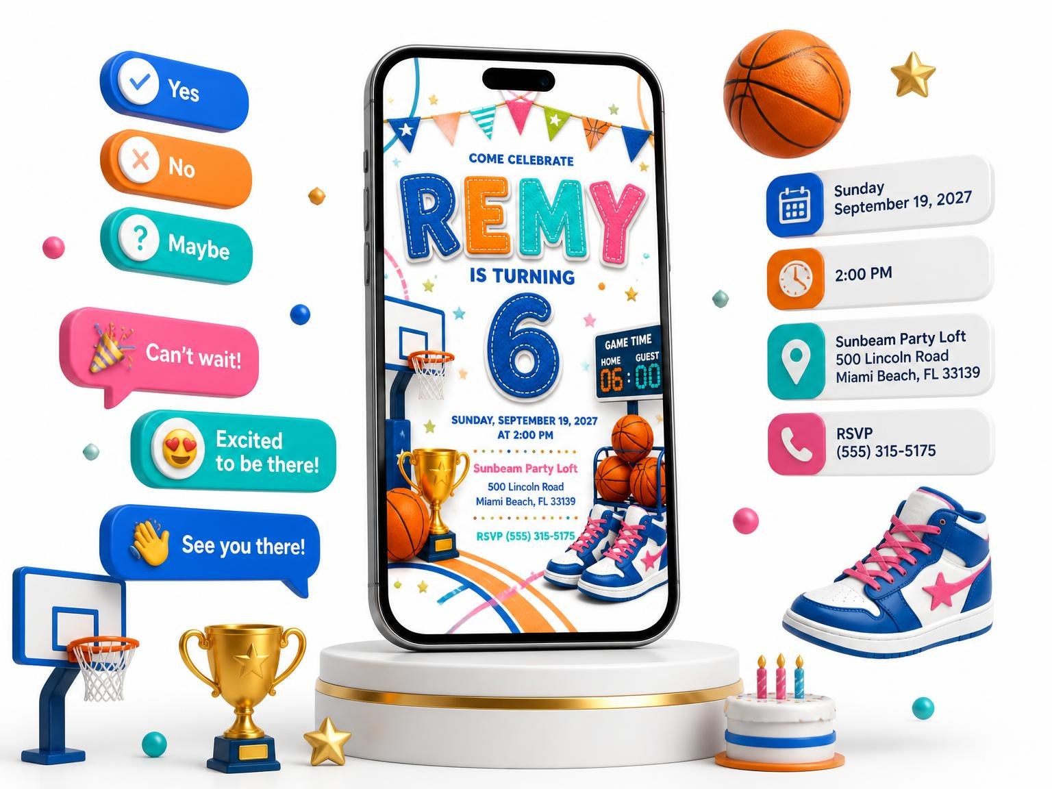 The Stitched Basketball 6th Birthday Invitation invitation on a phone, with guest RSVPs arriving around it
