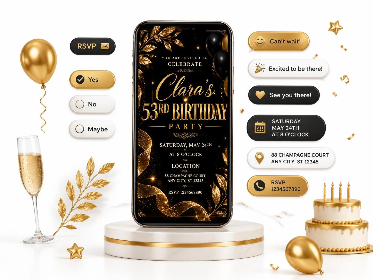 The Black and Gold 53rd Birthday Invitation invitation on a phone, with guest RSVPs arriving around it