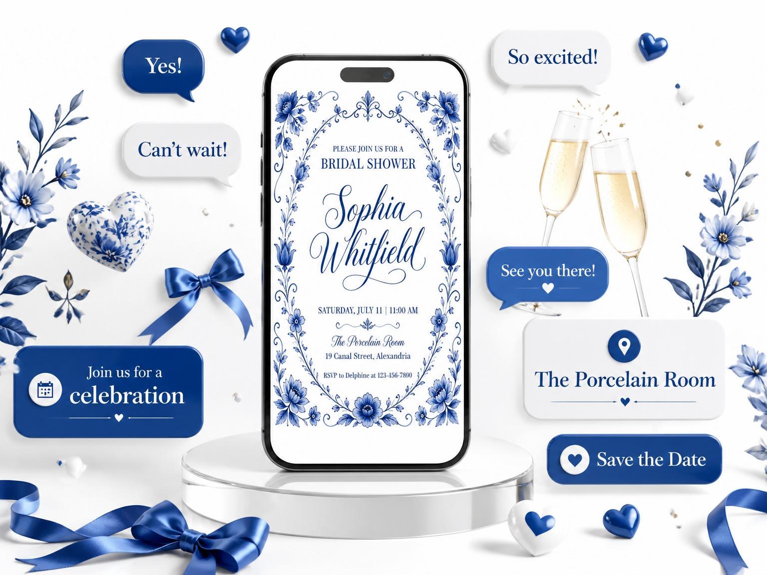 The Delft Blue Porcelain Bridal Shower invitation on a phone, with guest RSVPs arriving around it