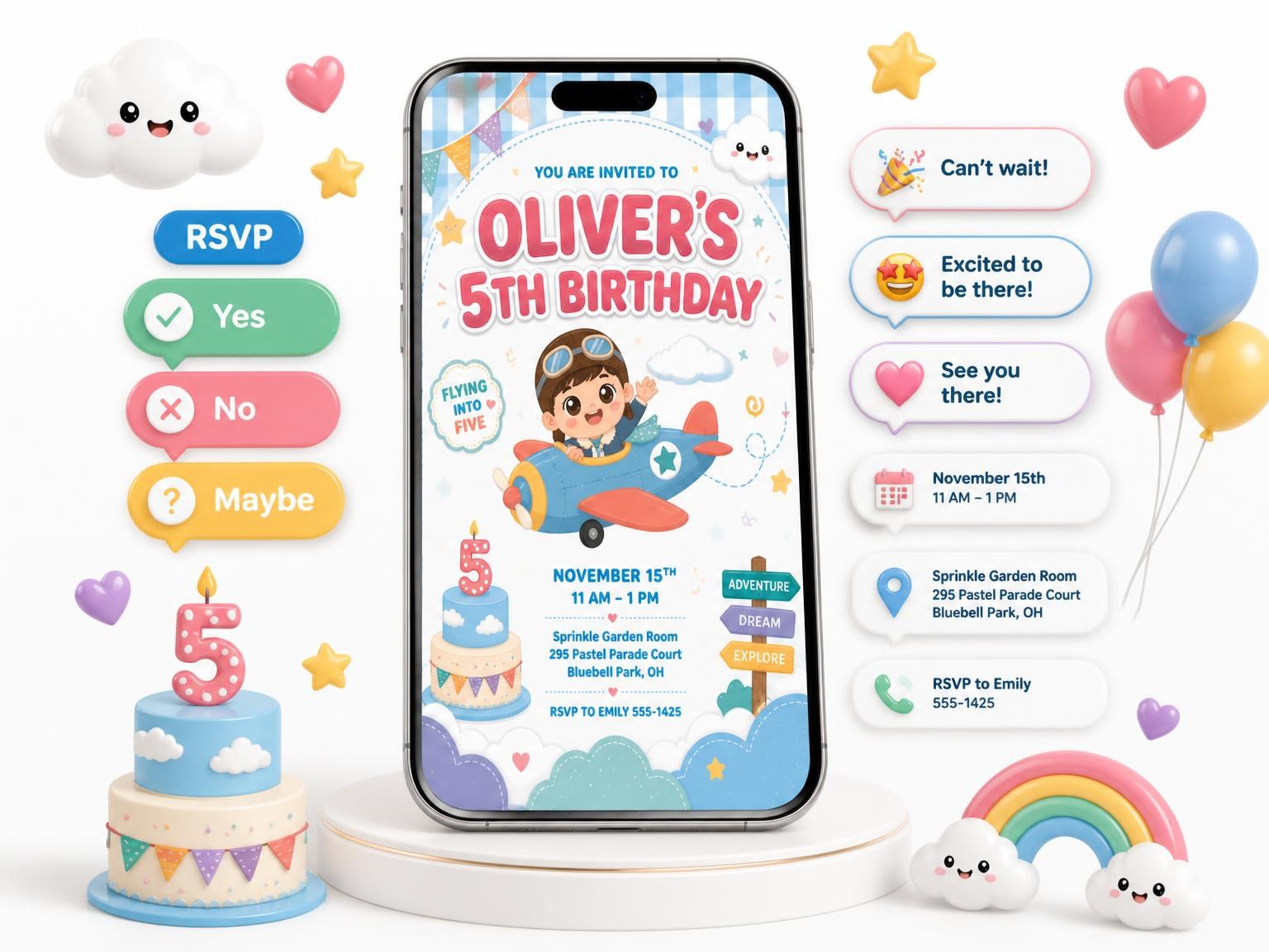 The Pilot Kawaii Pastel 5th Birthday Invitation invitation on a phone, with guest RSVPs arriving around it