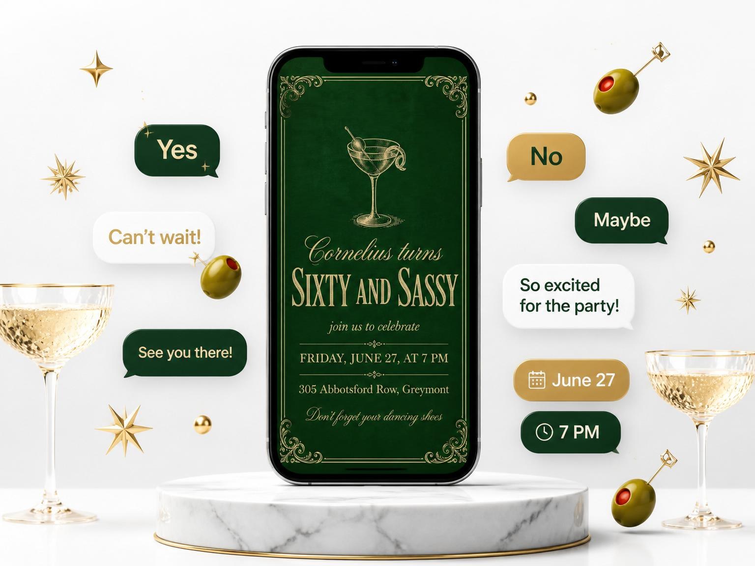 The Forest Green Martini 60th Birthday invitation on a phone, with guest RSVPs arriving around it