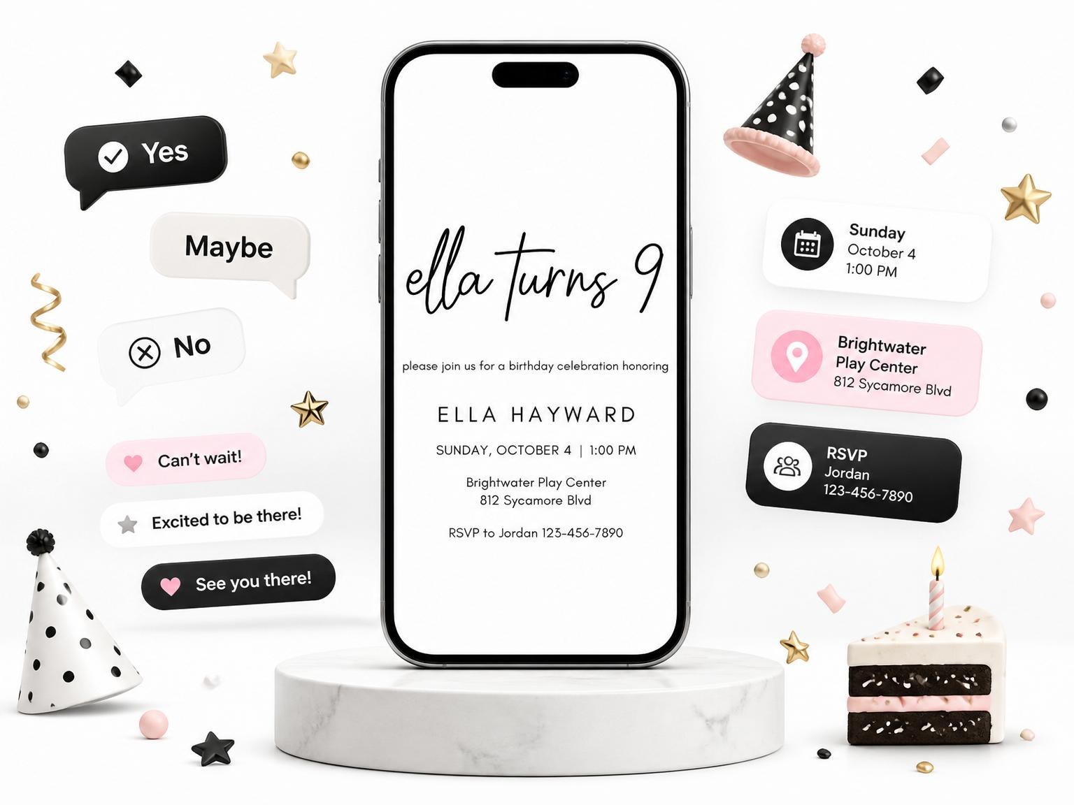 The Minimalist Black and White 9th Birthday invitation on a phone, with guest RSVPs arriving around it